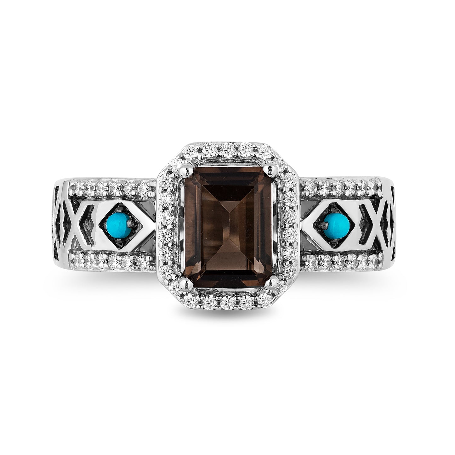 Enchanted Disney Fine Jewelry Sterling Silver with 1/5 CTTW Diamond with Smokey Quartz and Turquoise Pocahontas Ring