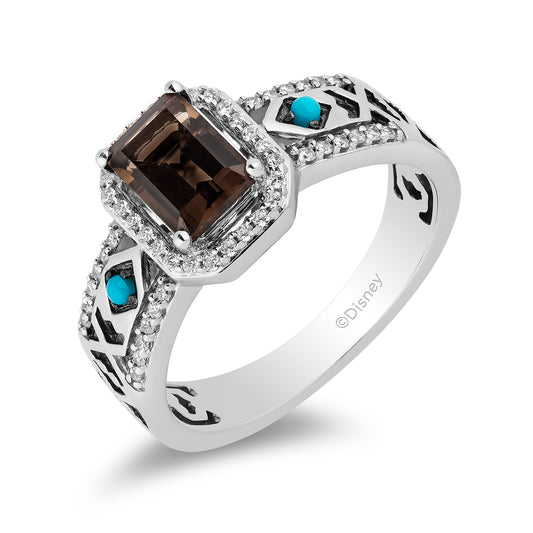 Enchanted Disney Fine Jewelry Sterling Silver with 1/5 CTTW Diamond with Smokey Quartz and Turquoise Pocahontas Ring
