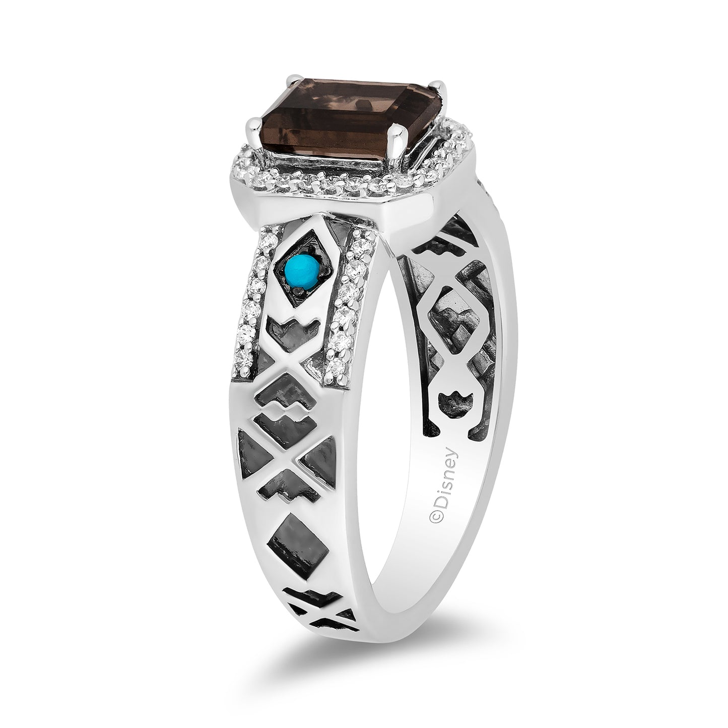 Enchanted Disney Fine Jewelry Sterling Silver with 1/5 CTTW Diamond with Smokey Quartz and Turquoise Pocahontas Ring