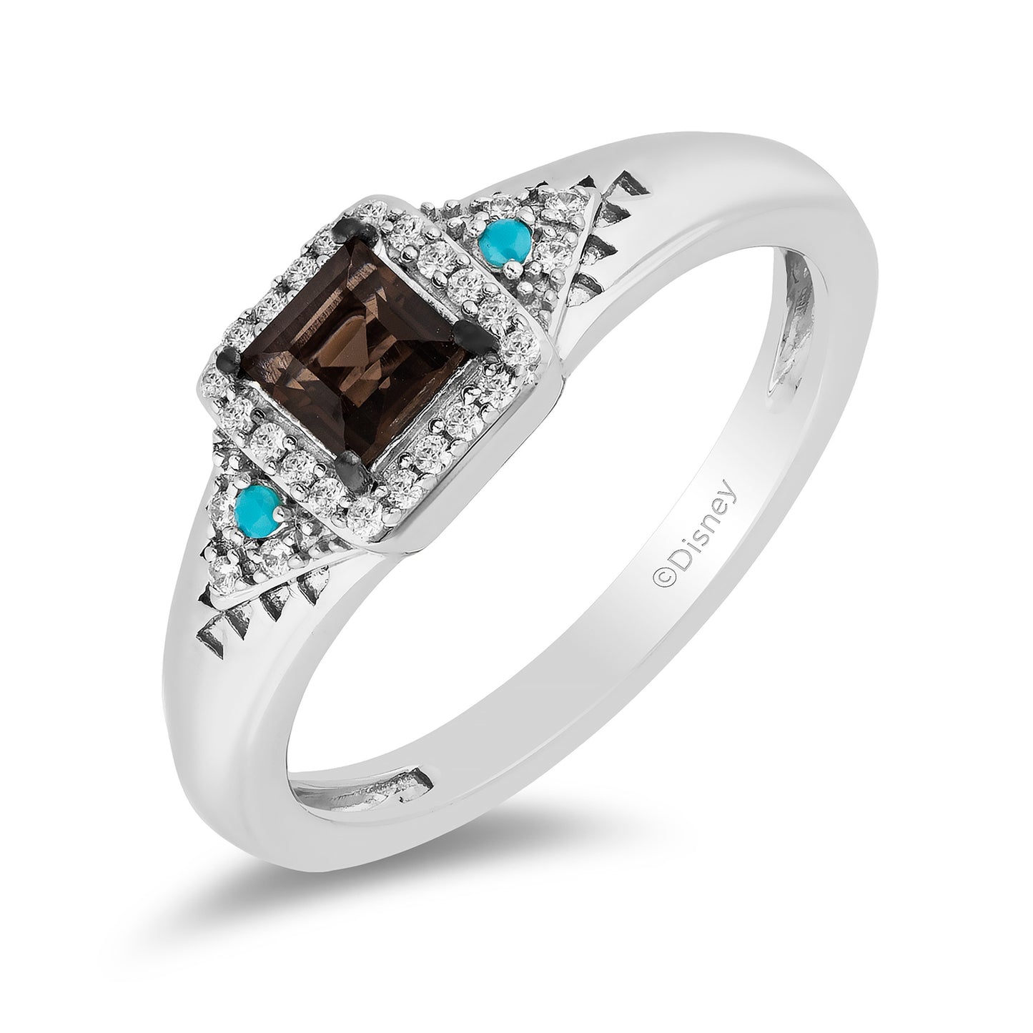 Enchanted Disney Fine Jewelry Sterling Silver with 1/10 CTTW Diamond with Smokey Quartz and Turquoise Pocahontas Ring