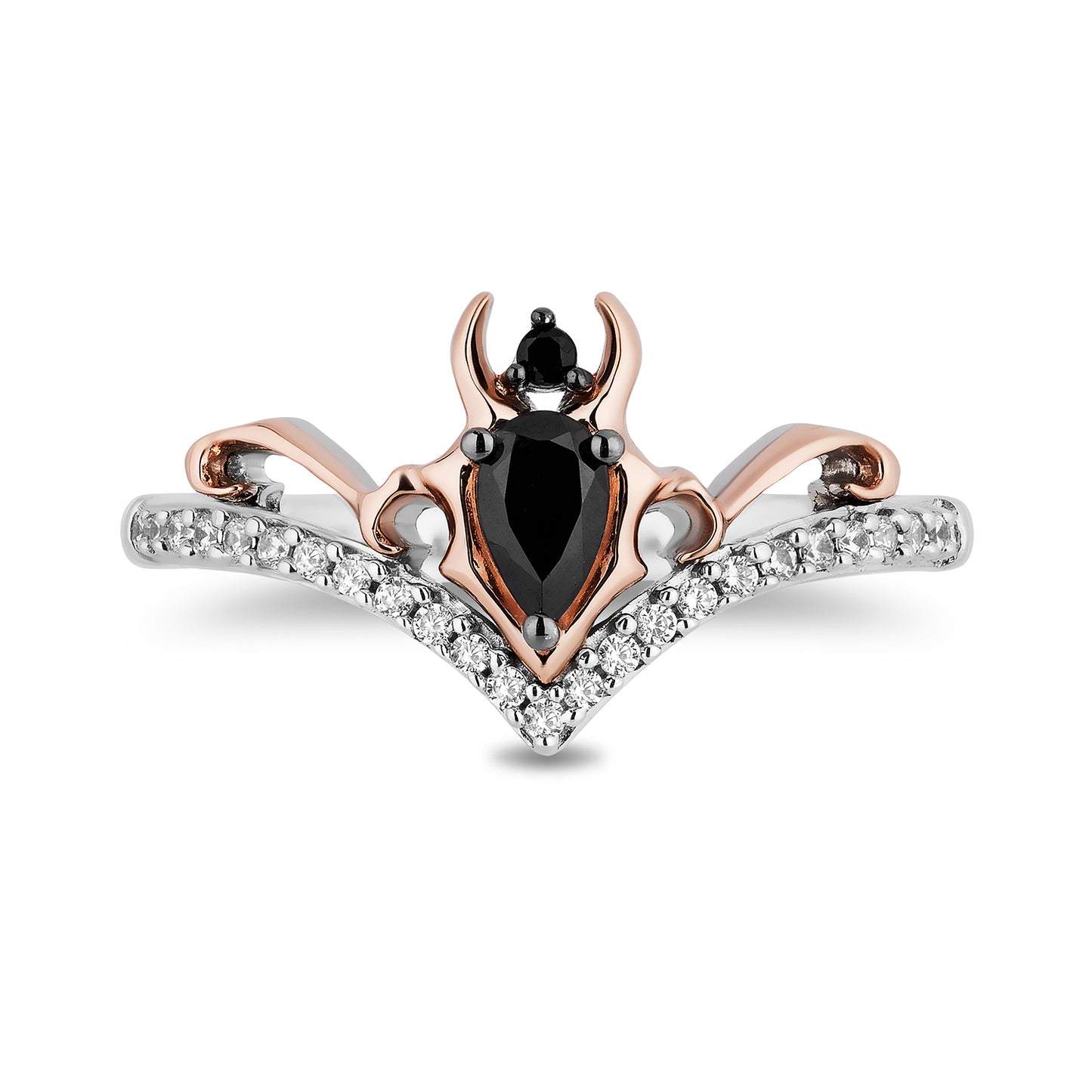 Enchanted Disney Fine Jewelry 10K Rose Gold and Sterling Silver with 1/6 CTTW Black and White Diamond with Black Onyx Maleficent Ring