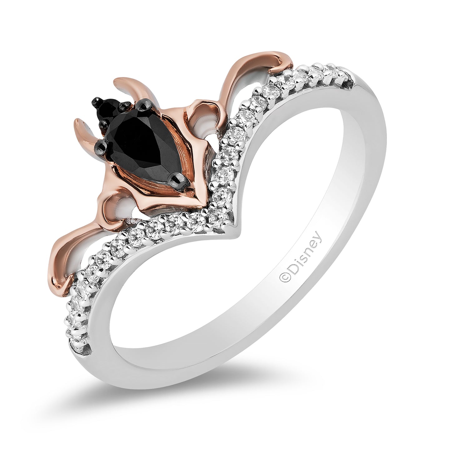 Enchanted Disney Fine Jewelry 10K Rose Gold and Sterling Silver with 1/6 CTTW Black and White Diamond with Black Onyx Maleficent Ring