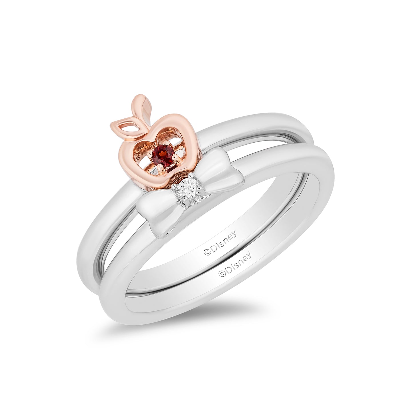 Enchanted Disney Fine Jewelry Sterling Silver and 10K Rose Gold and Diamond Accent with Red Garnet Snow White Duo Ring