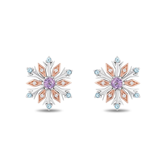 Enchanted Disney Fine Jewelry 14K Rose Gold over Sterling Silver with 1/20 CTTW Diamond with Swiss Blue Topaz and Rose-De-France Elsa Snow Flake Earrings