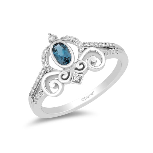 Enchanted Disney Fine Jewelry Sterling Silver with 1/10 CTTW Diamond and London Blue Topaz Cinderella Carriage Ring