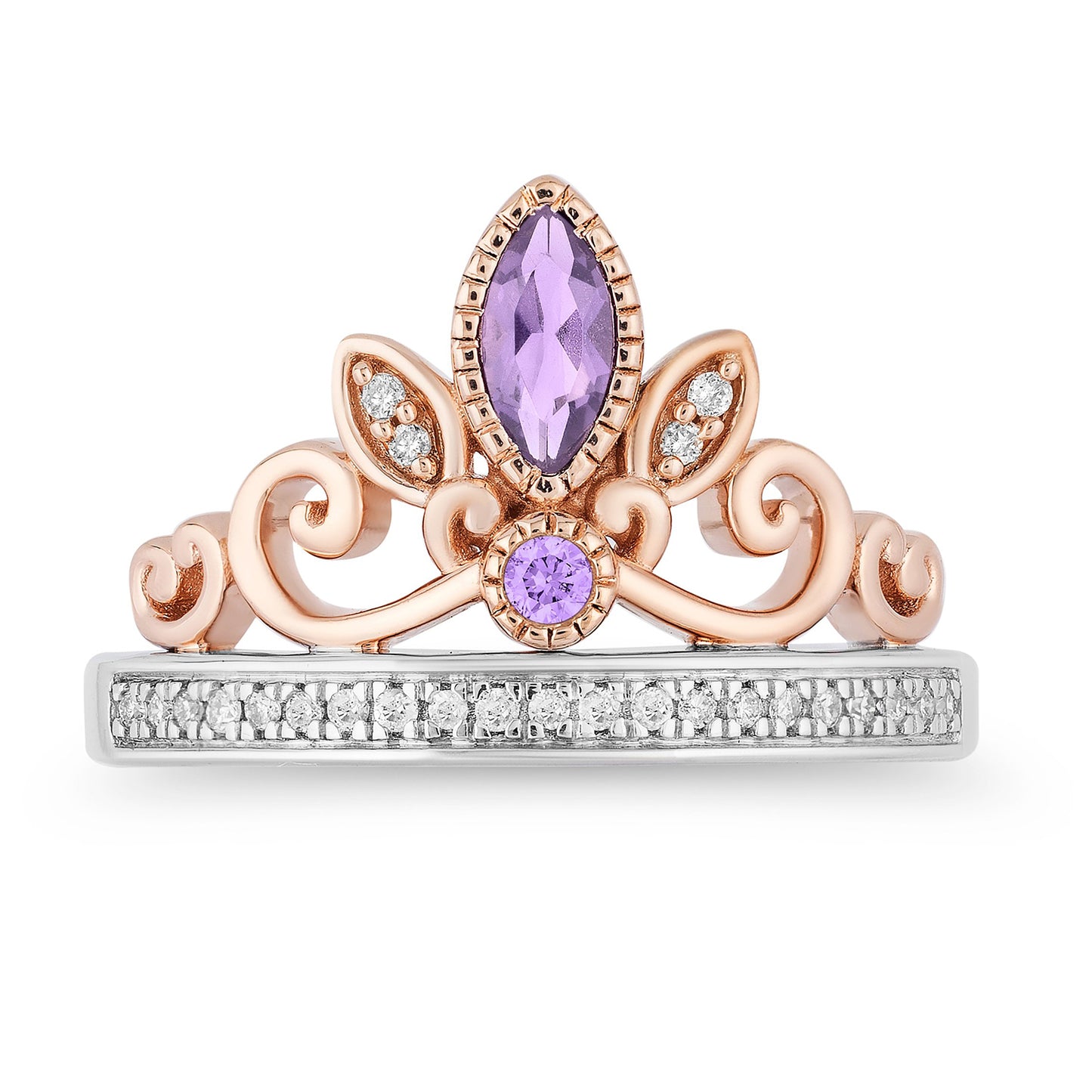 Enchanted Disney Fine Jewelry 14K Rose Gold over Sterling Silver with 1/10 CTTW Diamond and Rose-de-France Rapunzel Tiara Ring