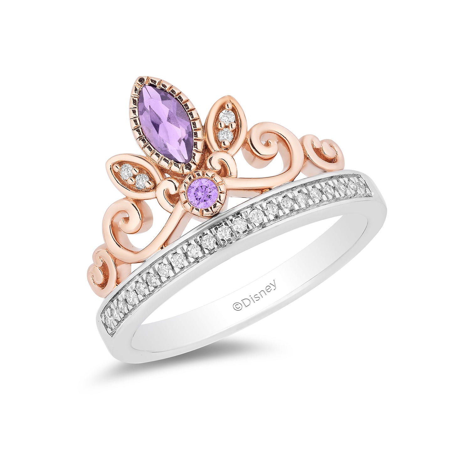 Enchanted Disney Fine Jewelry 14K Rose Gold over Sterling Silver with 1/10 CTTW Diamond and Rose-de-France Rapunzel Tiara Ring