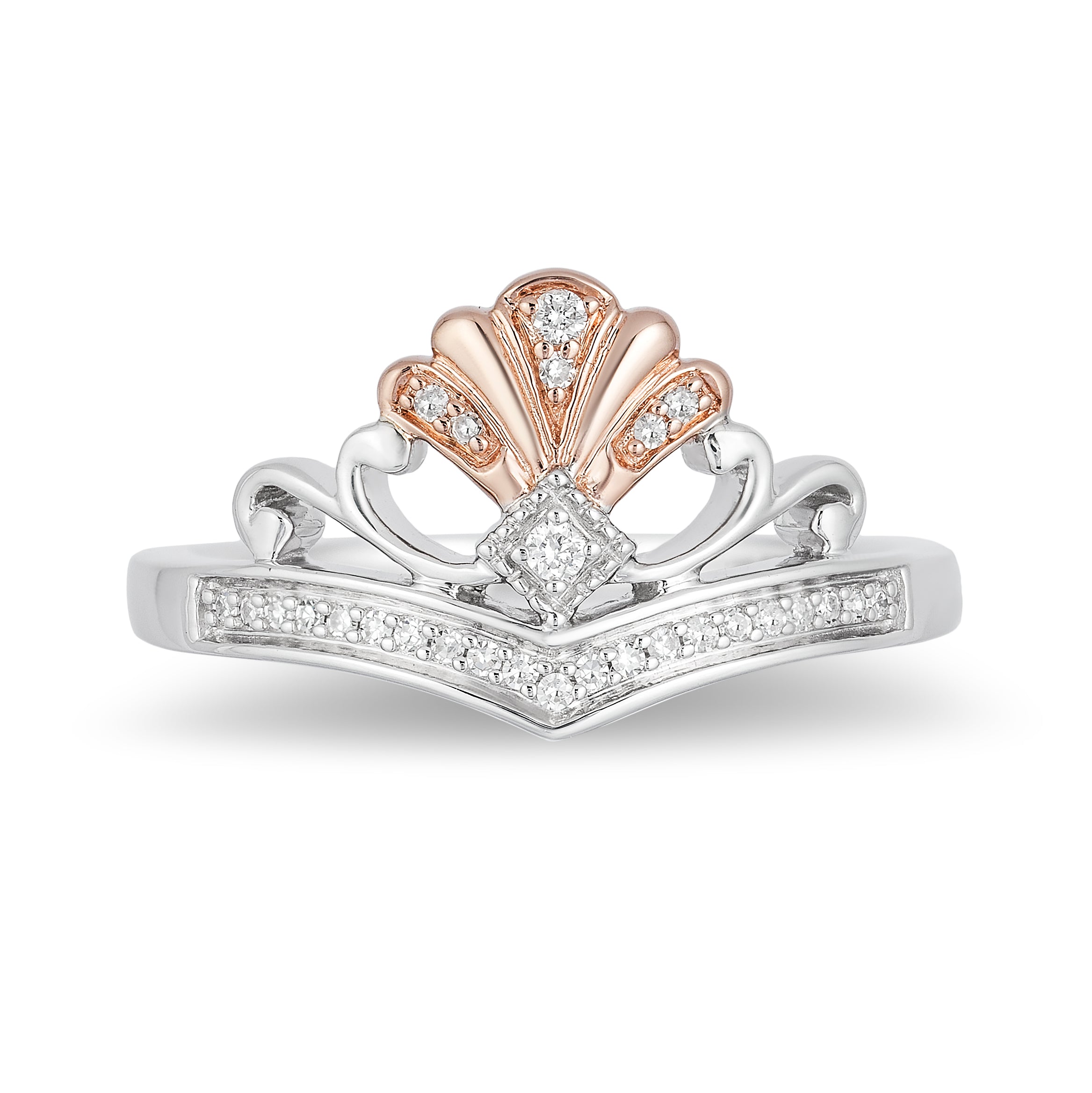 Enchanted Disney Fine Jewelry Sterling Silver and 10K Rose Gold with 1/10  CTTW Diamond and Amethyst Ariel Shell Tiara Ring