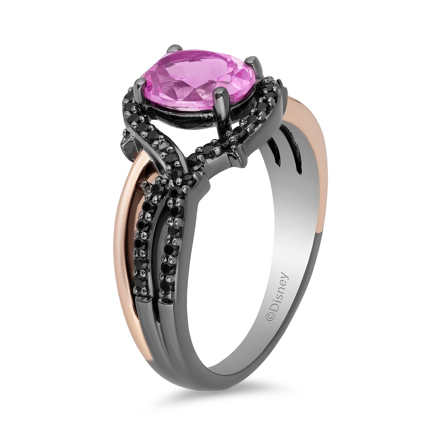 Enchanted Disney Fine Jewelry 14K Rose Gold over Sterling Silver with Black Rhodium with 1/4 CTTW Diamond and Created Pink Sapphire Maleficent Ring