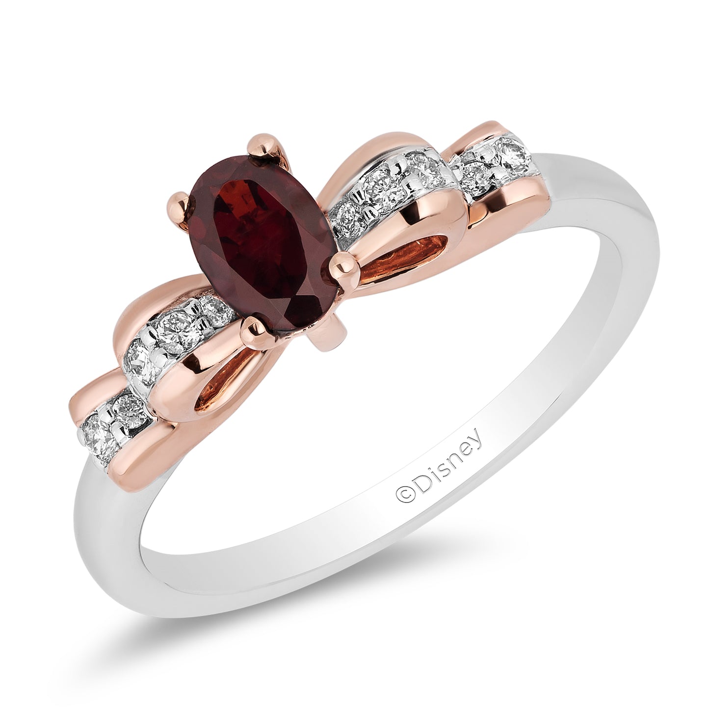 Enchanted Disney Fine Jewelry Sterling Silver and 10K Rose Gold with 1/12 CTTW Diamond and Red Garnet Snow White Ring