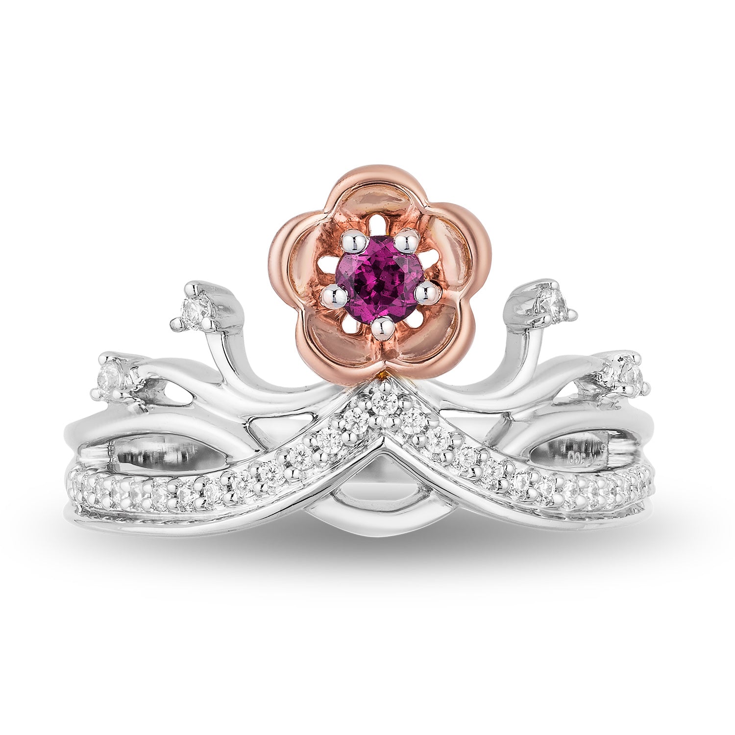 Disney Mulan Inspired Tiara Diamond Ring 1/7 CTTW with Rhodolite Garnet View 1