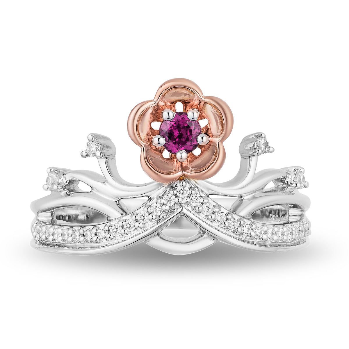 Enchanted Disney Fine Jewelry 14K Rose Gold over Sterling Silver 1/7 CTTW Diamond and Rhodolite Garnet Mulan Tiara Ring