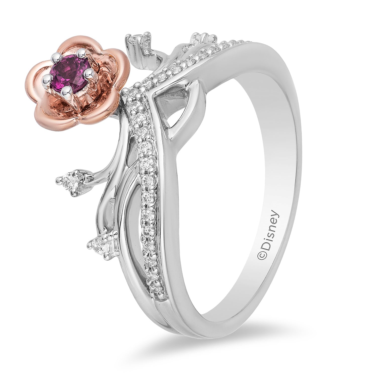 Disney Mulan Inspired Tiara Diamond Ring 1/7 CTTW with Rhodolite Garnet View 1
