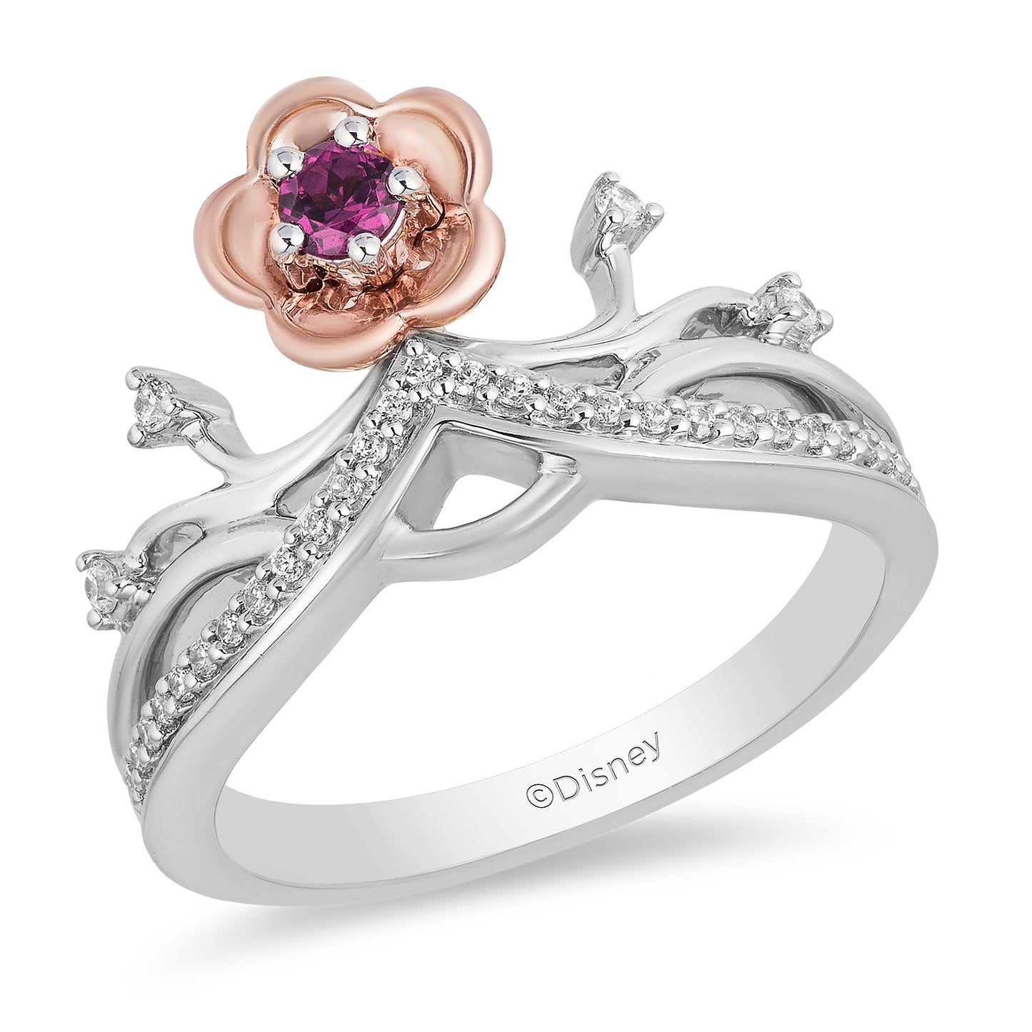 Disney Mulan Inspired Tiara Diamond Ring 1/7 CTTW with Rhodolite Garnet View 1