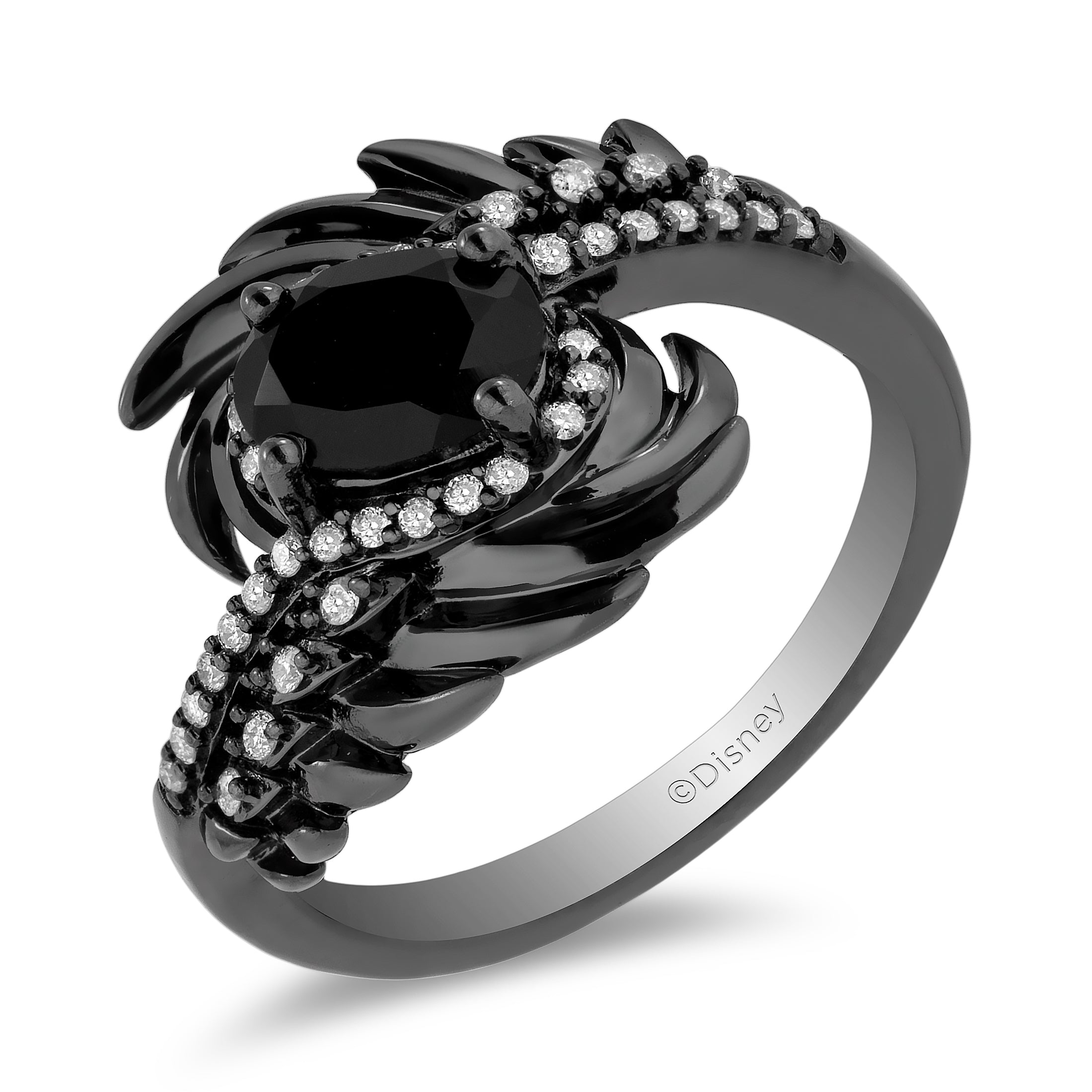 Enchanted Disney Fine Jewelry Black Rhodium over Sterling Silver 1/6 CTTW  Diamond and Onyx Maleficent Wings Ring