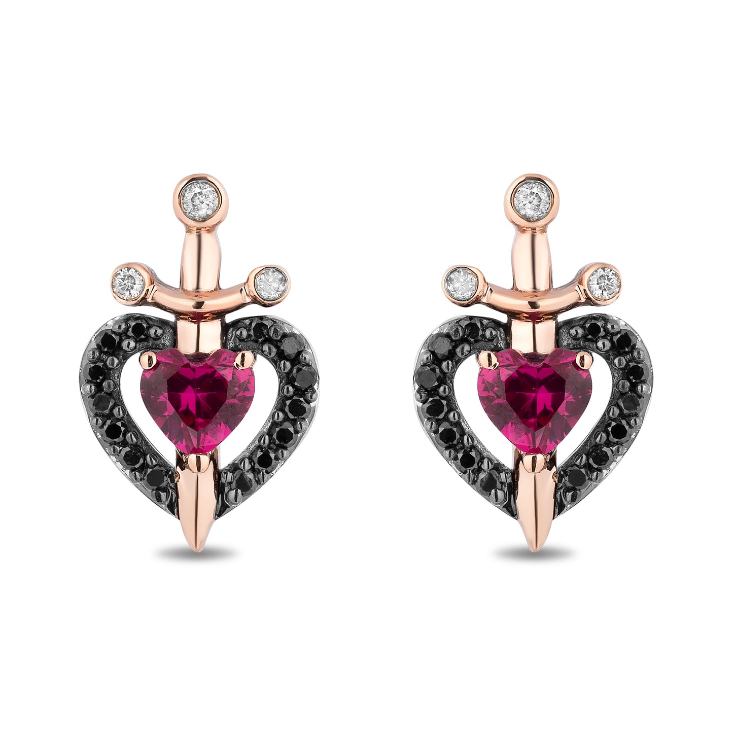 Enchanted Disney Fine Jewelry Sterling Silver and 10K Rose Gold 1/6 CTTW Black and White Diamond with Created Ruby Evil Queen Dagger Earrings