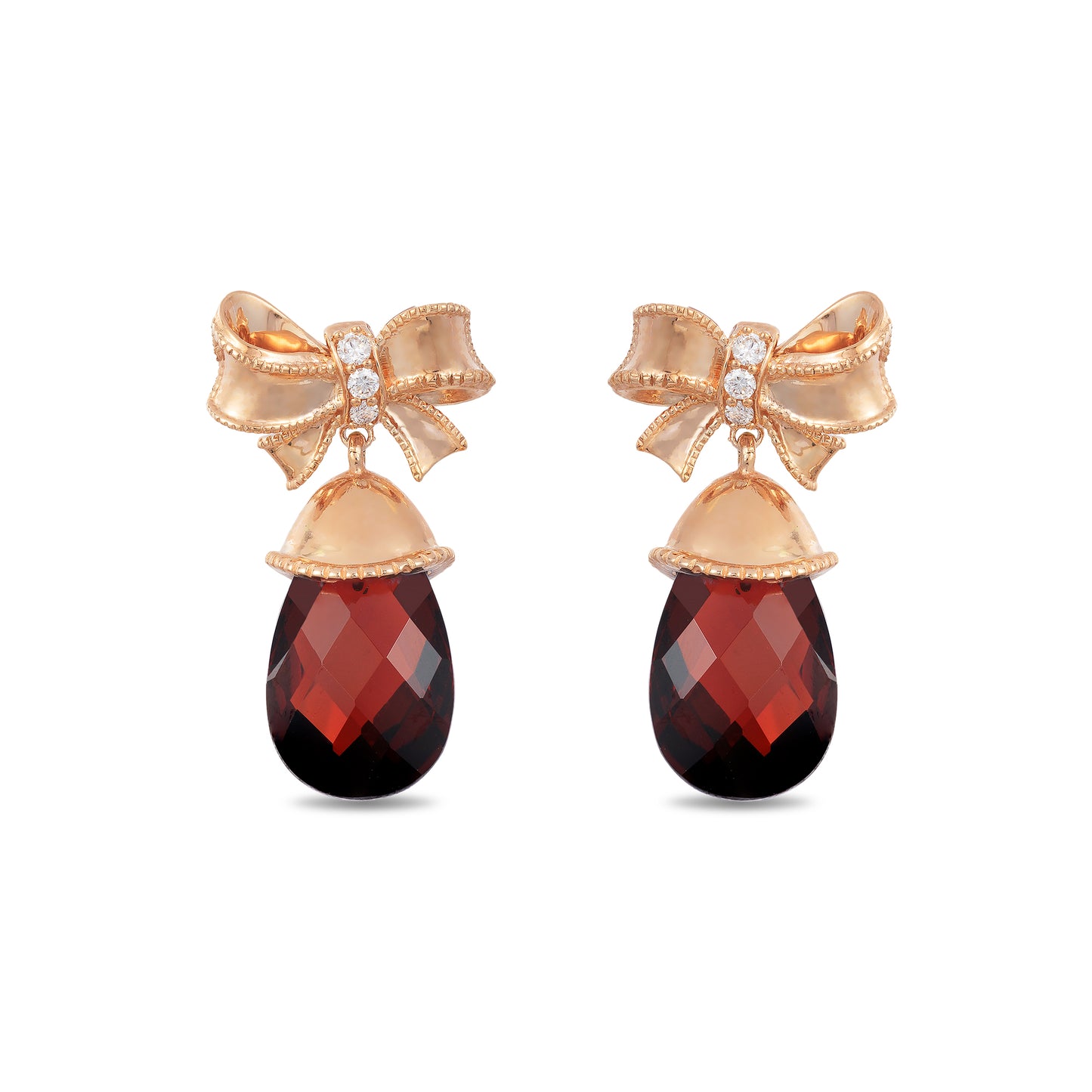 Enchanted Disney Fine Jewelry 14k Rose Gold 1/15 CTTW Diamond and Garnet Snow White Bow Earrings