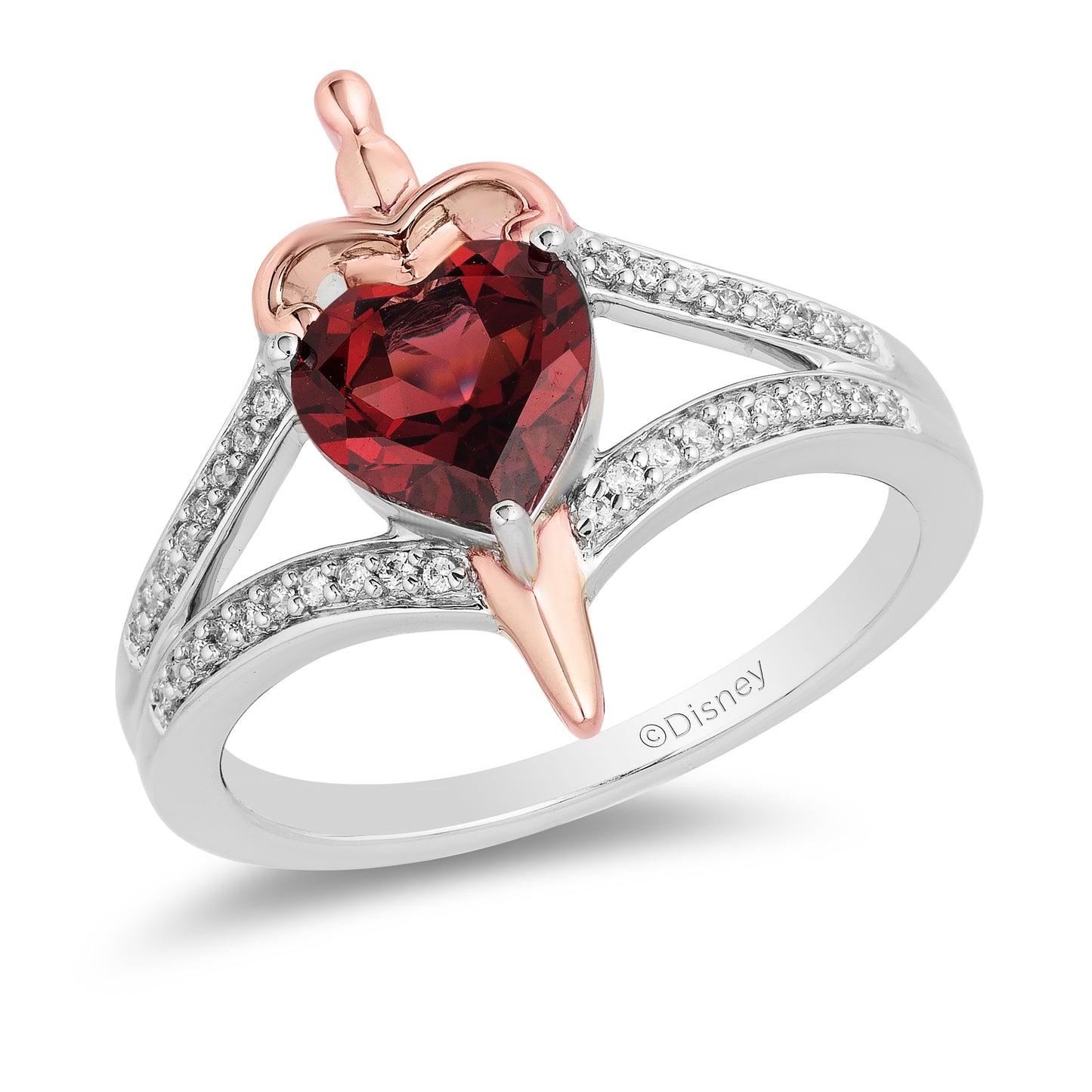 Enchanted Disney Fine Jewelry Sterling Silver and 10K Rose Gold with 1/10 CTTW Diamond with Red Garnet Evil Queen Ring