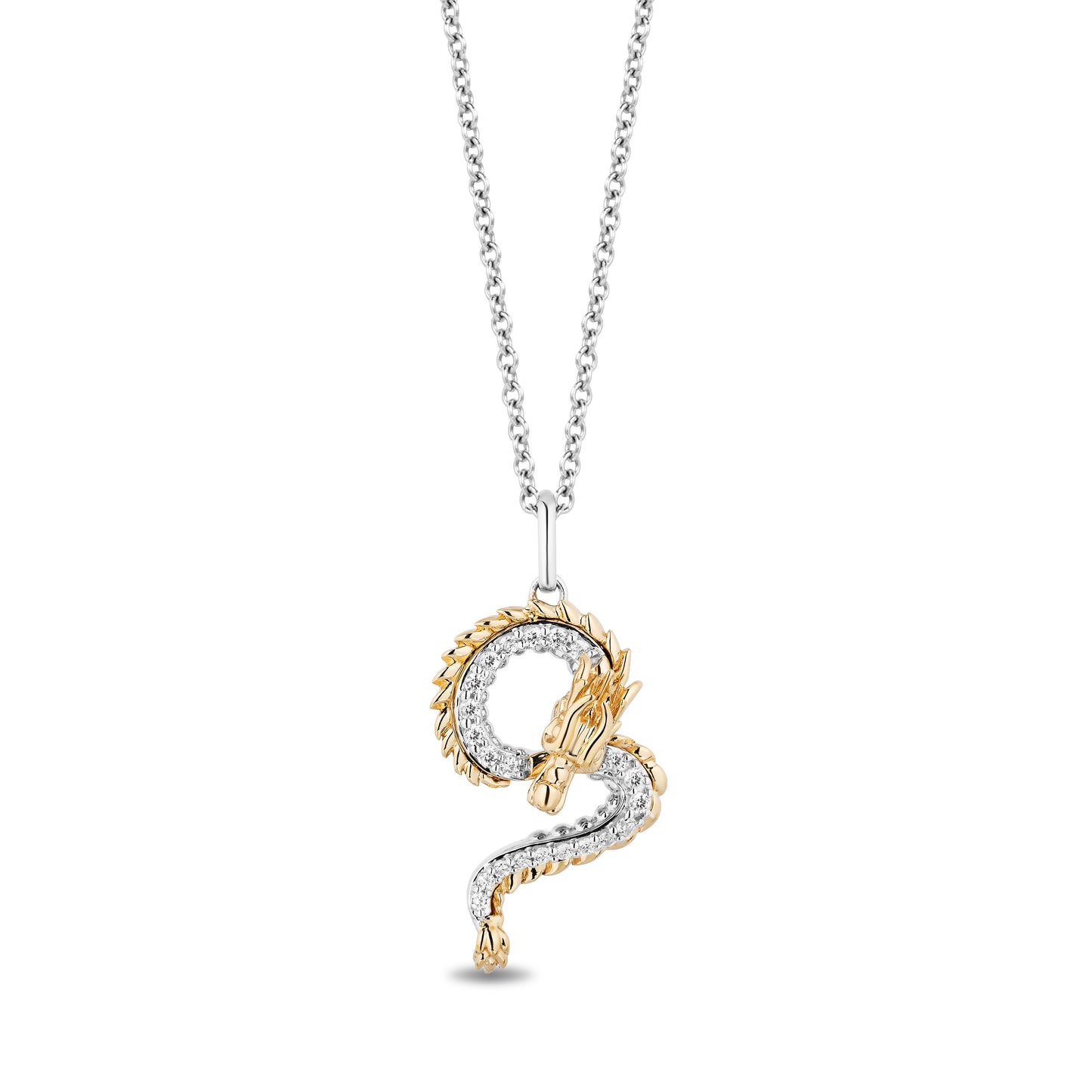 Disney Mulan Inspired Diamond Dragon Necklace Pendant in Sterling Silver and 10K Yellow Gold 1/4 CTTW View 1