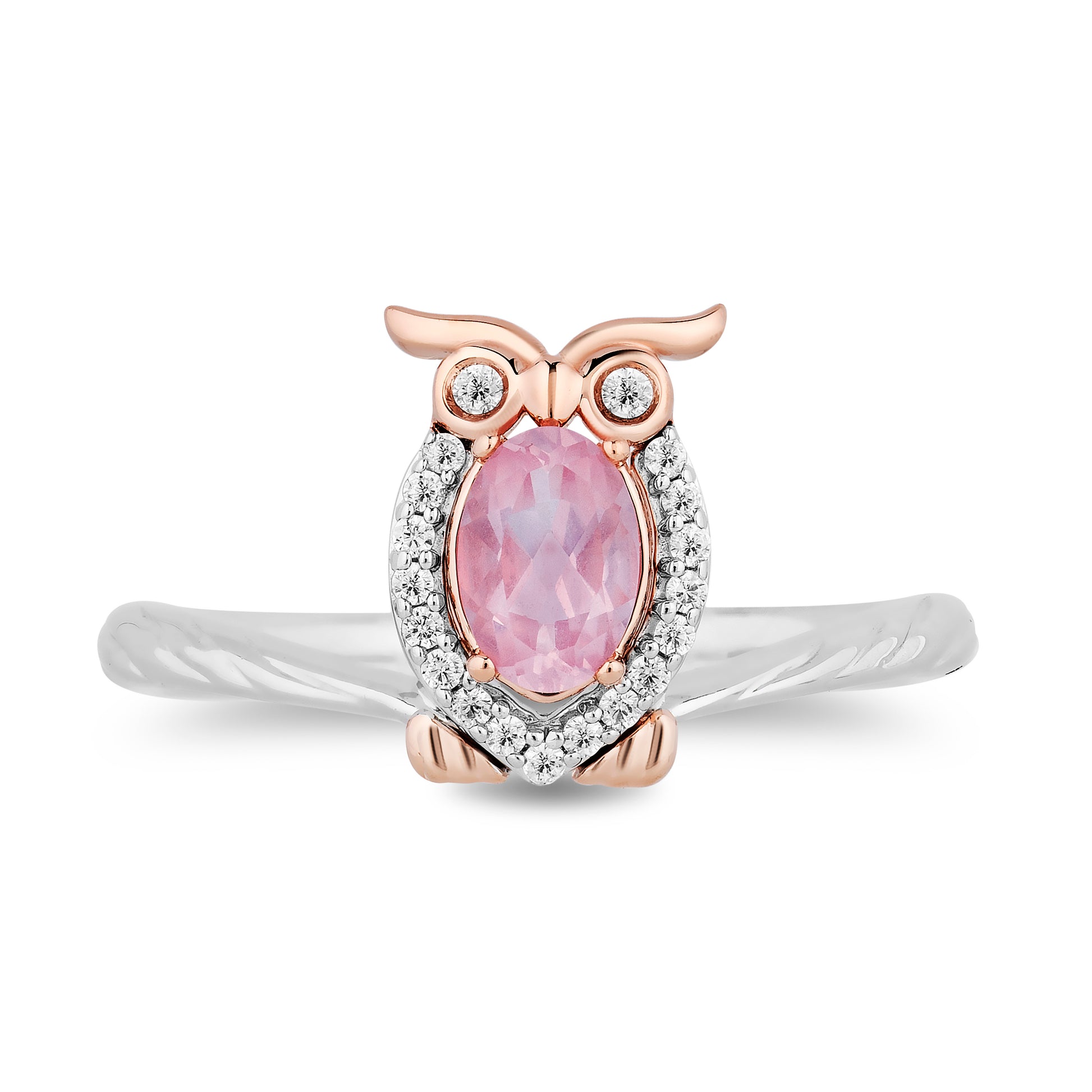 Disney Aurora Inspired Diamond and Pink Quartz Owl Ring in Sterling Silver and 10K Rose Gold 1/10 CTTW View 4