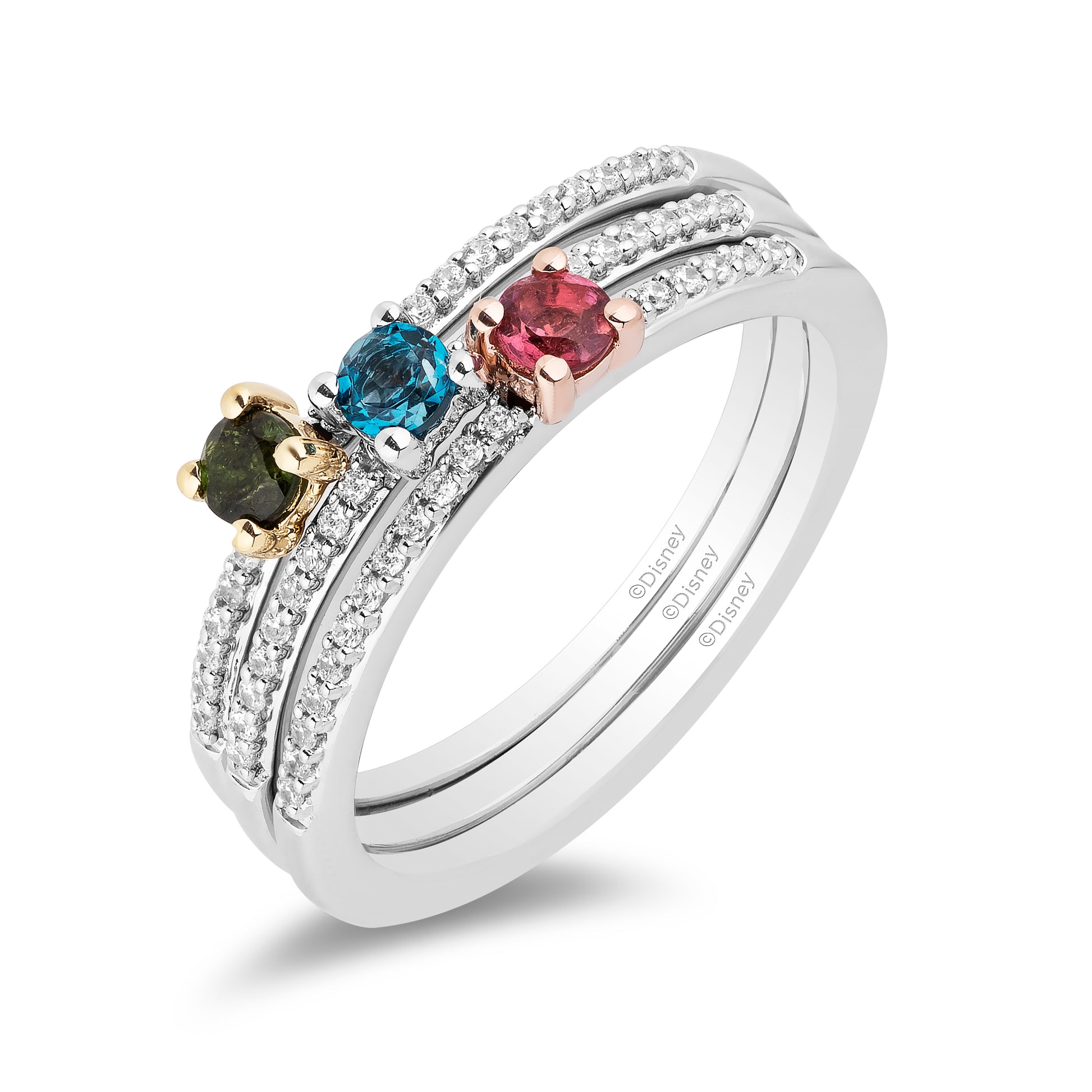 Disney Aurora Inspired Diamond with London Blue Topaz and Pink and Green Tourmaline Ring in Sterling Silver 1/5 CTTW View 1