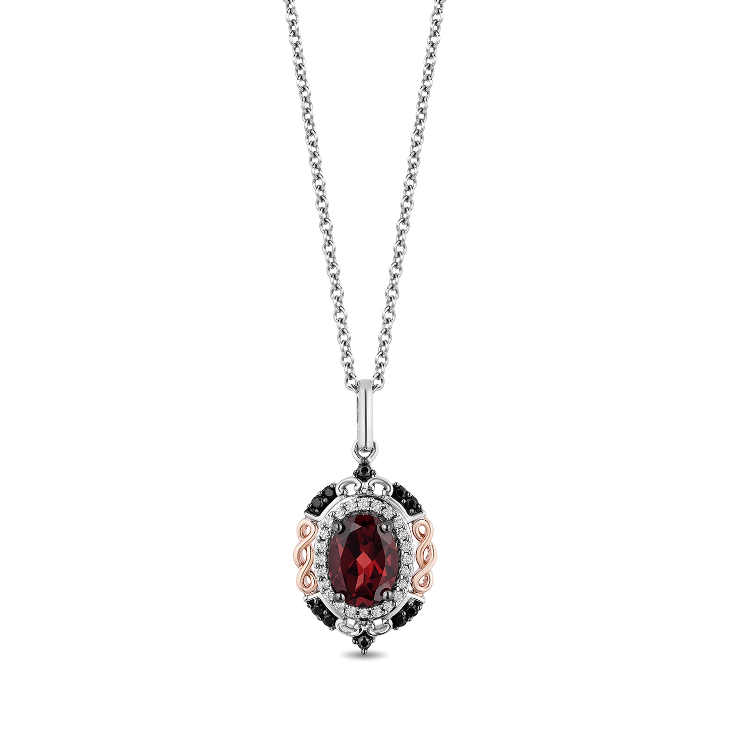 Enchanted Disney Fine Jewelry Sterling Silver and 10K Rose Gold with 1/5 CTTW Black and White Diamond with Red Garnet Evil Queen Pendant Necklace