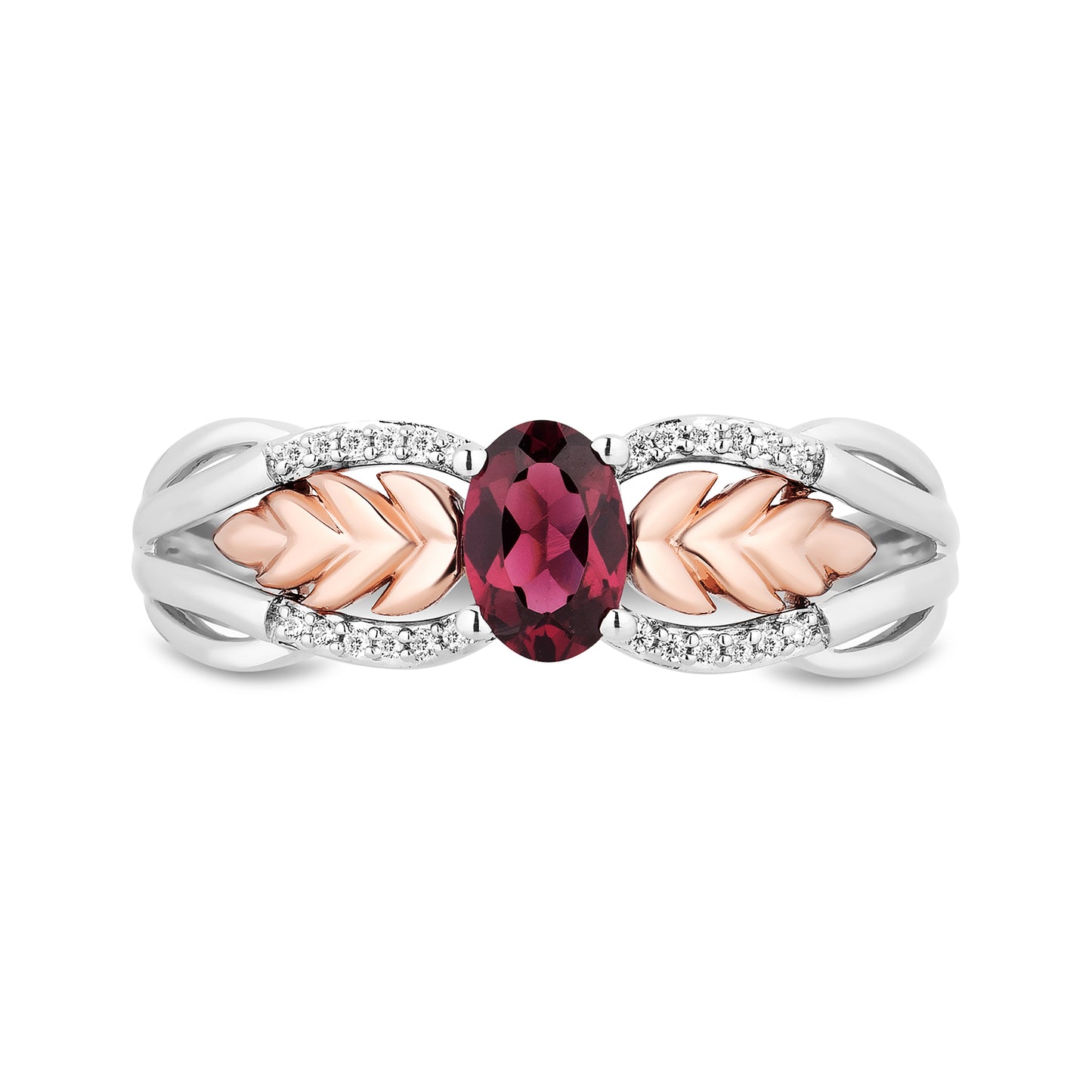 Enchanted Disney Fine Jewelry Sterling Silver and 10K Rose Gold with 1/20 CTTW Diamonds and Rhodolite Garnet Anna Wheat Ring