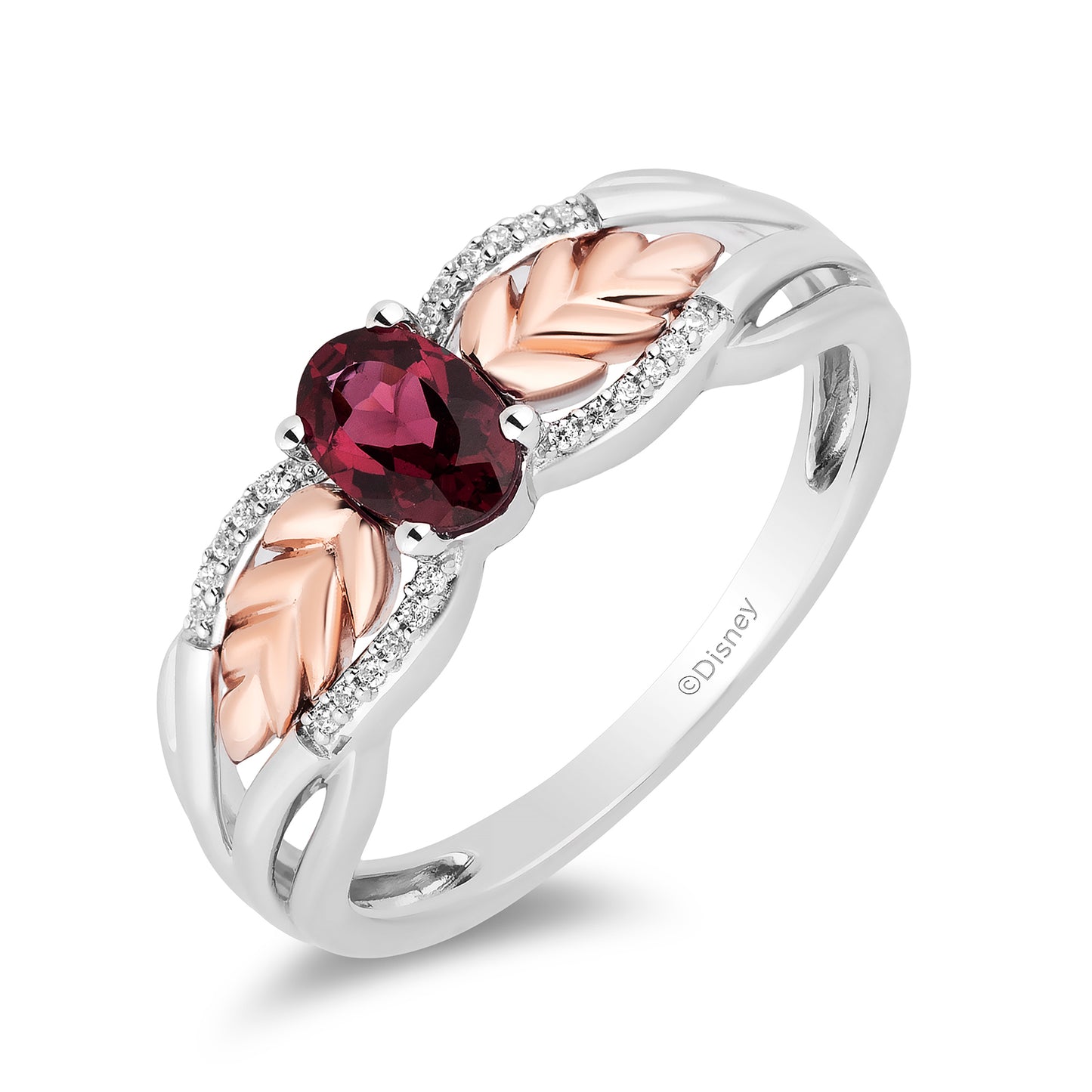 Enchanted Disney Fine Jewelry Sterling Silver and 10K Rose Gold with 1/20 CTTW Diamonds and Rhodolite Garnet Anna Wheat Ring