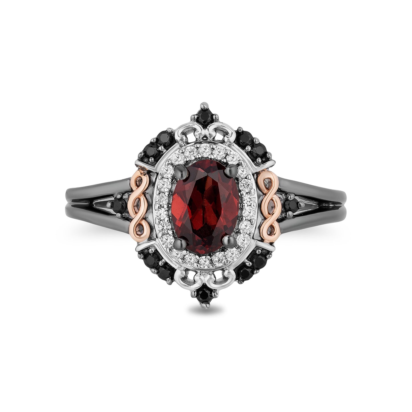 Enchanted Disney Fine Jewelry Black Rhodium over Sterling Silver and 10K Rose Gold 1/5 CTTW Black and White Diamond with Red Garnet Evil Queen Ring