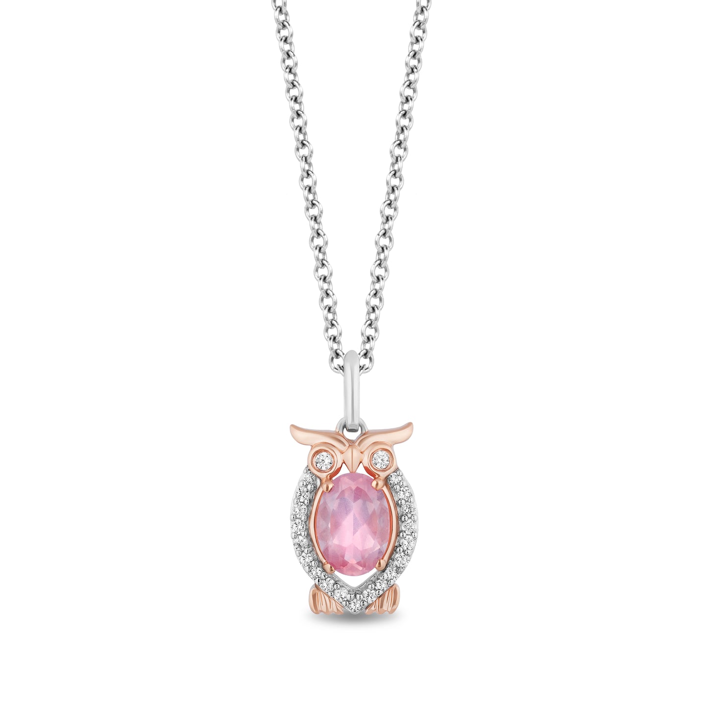 Disney Aurora Inspired Diamond and Pink Quartz Owl Necklace Pendant in Sterling Silver and 10K Rose Gold 1/10 CTTW View 1