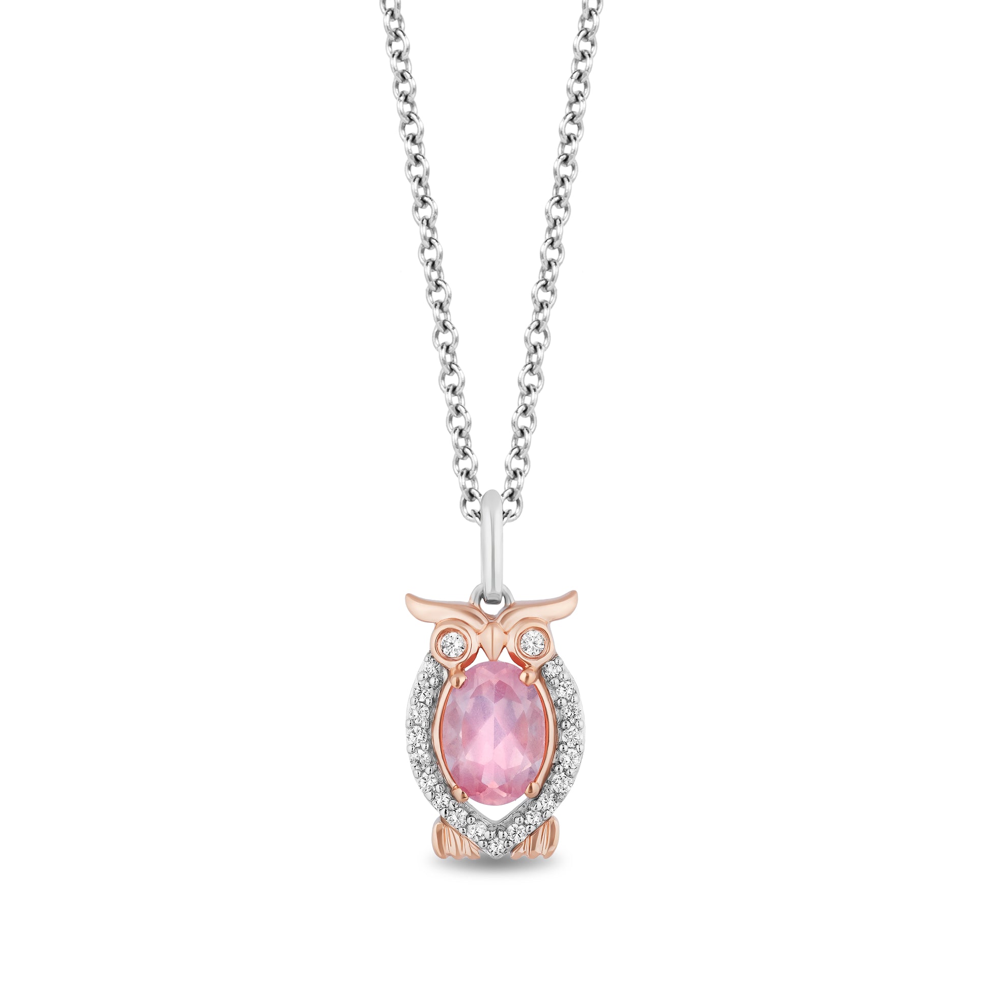 Disney Aurora Inspired Diamond and Pink Quartz Owl Necklace Pendant in Sterling Silver and 10K Rose Gold 1/10 CTTW View 1