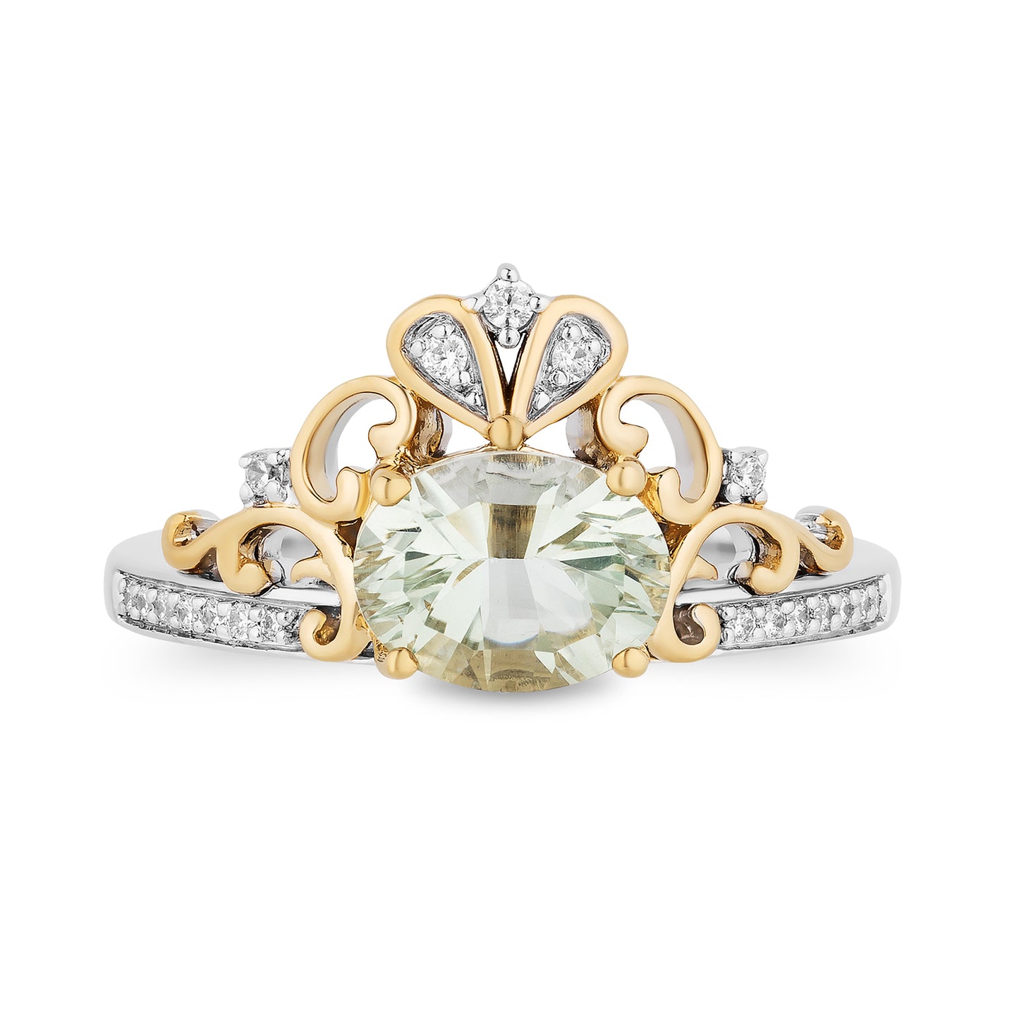 Disney Cinderella Inspired Diamond and Concave Oval Green Amethyst Stepsisters Ring in Sterling Silver and 10K Yellow Gold 1/10 CTTW View 3