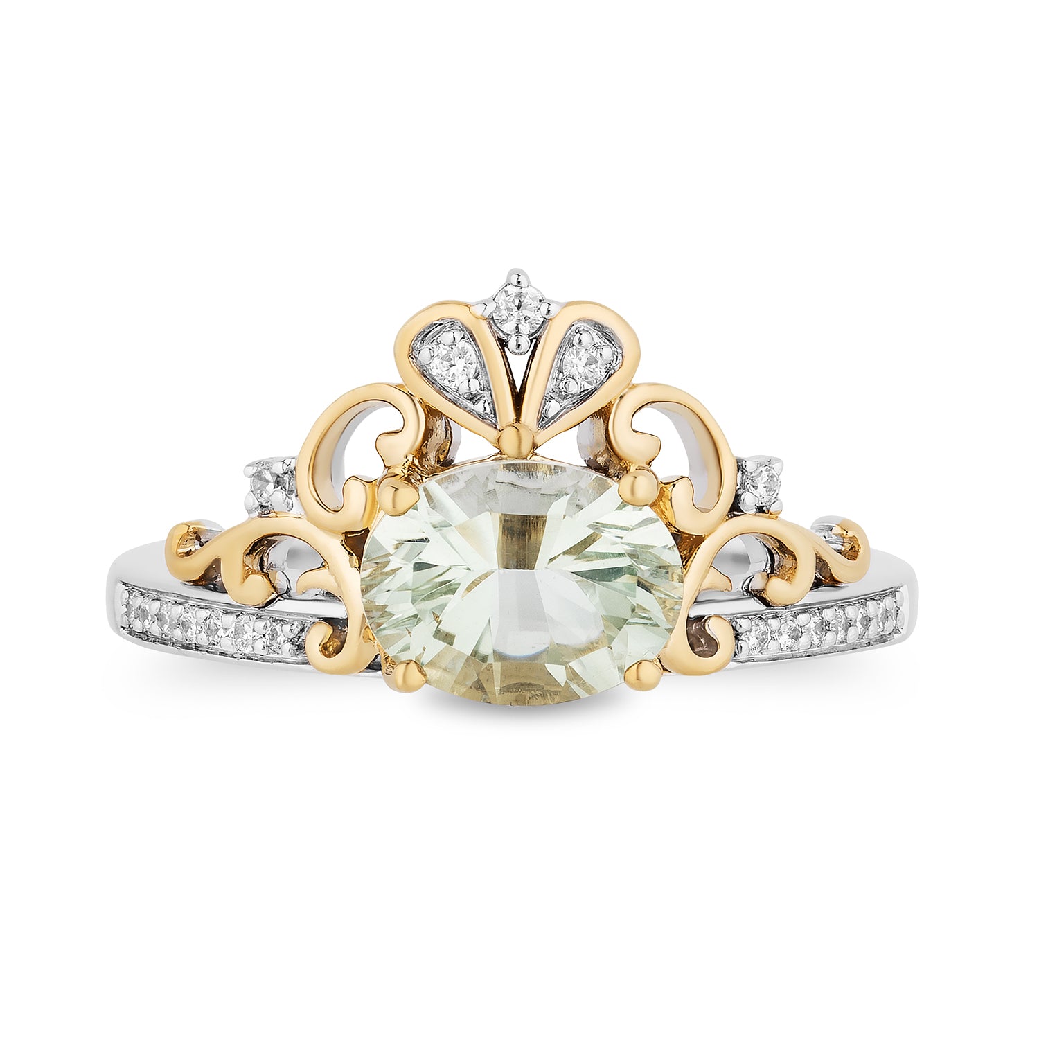 Disney Cinderella Inspired Diamond and Concave Oval Green Amethyst Stepsisters Ring in Sterling Silver and 10K Yellow Gold 1/10 CTTW View 3