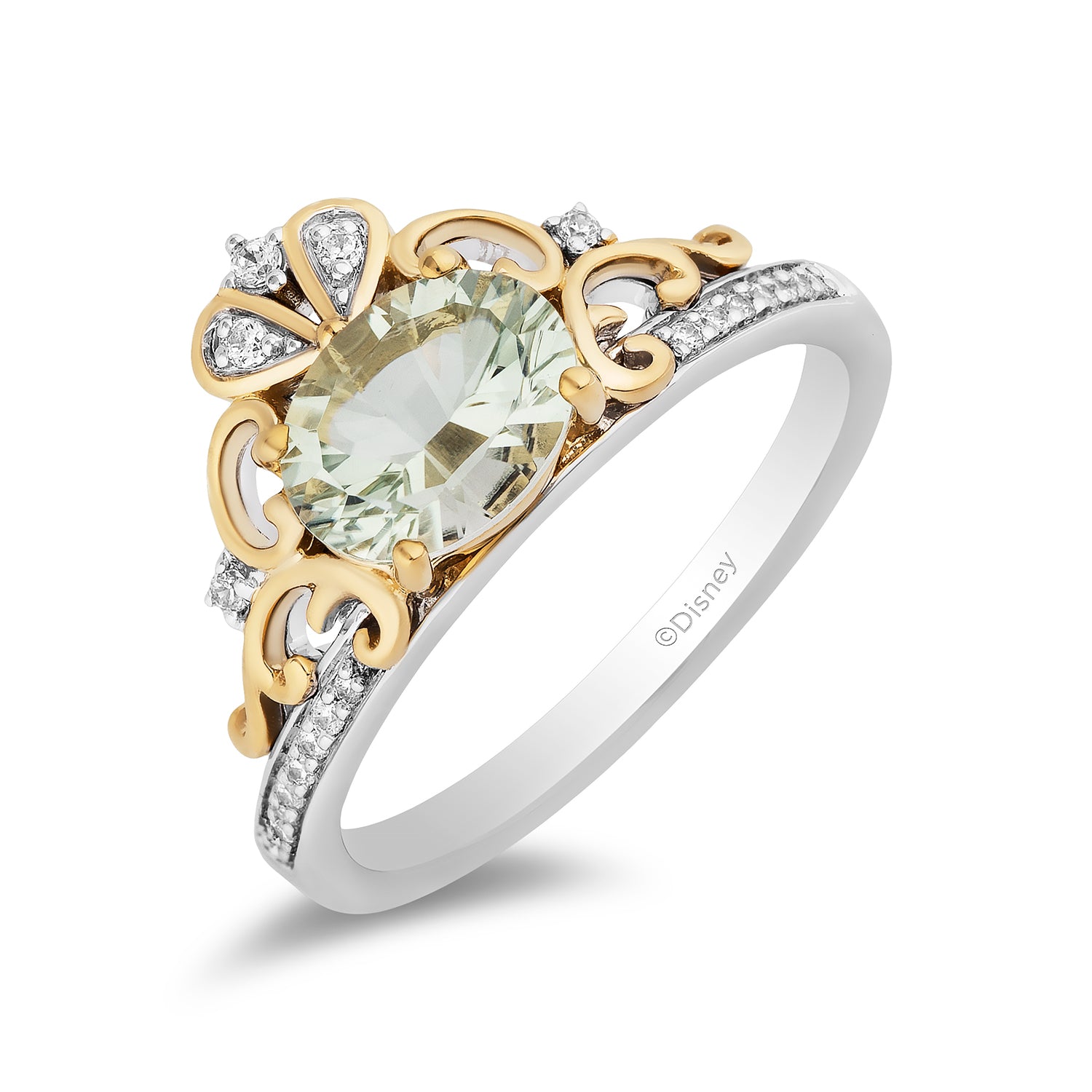 Disney Cinderella Inspired Diamond and Concave Oval Green Amethyst Stepsisters Ring in Sterling Silver and 10K Yellow Gold 1/10 CTTW View 1