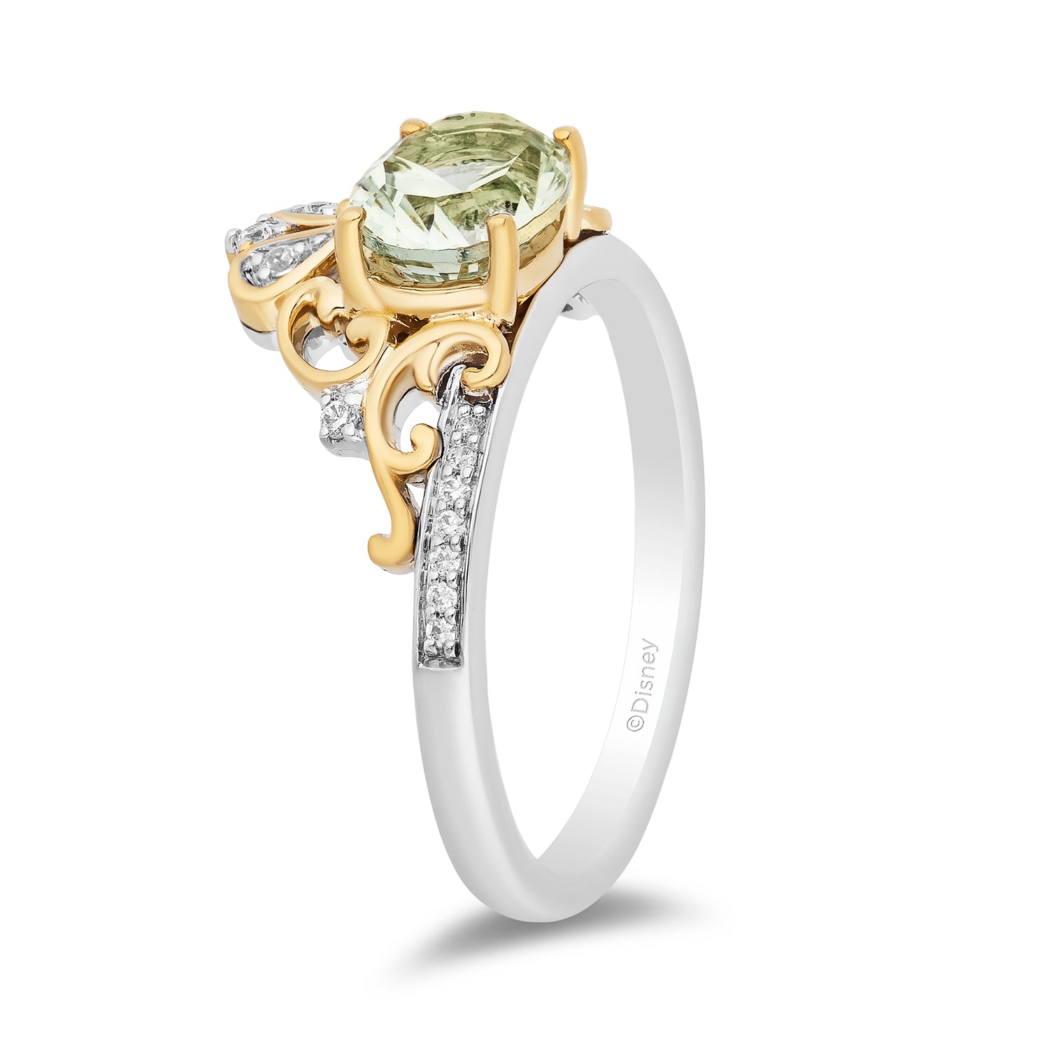 Disney Cinderella Inspired Diamond and Concave Oval Green Amethyst Stepsisters Ring in Sterling Silver and 10K Yellow Gold 1/10 CTTW View 5