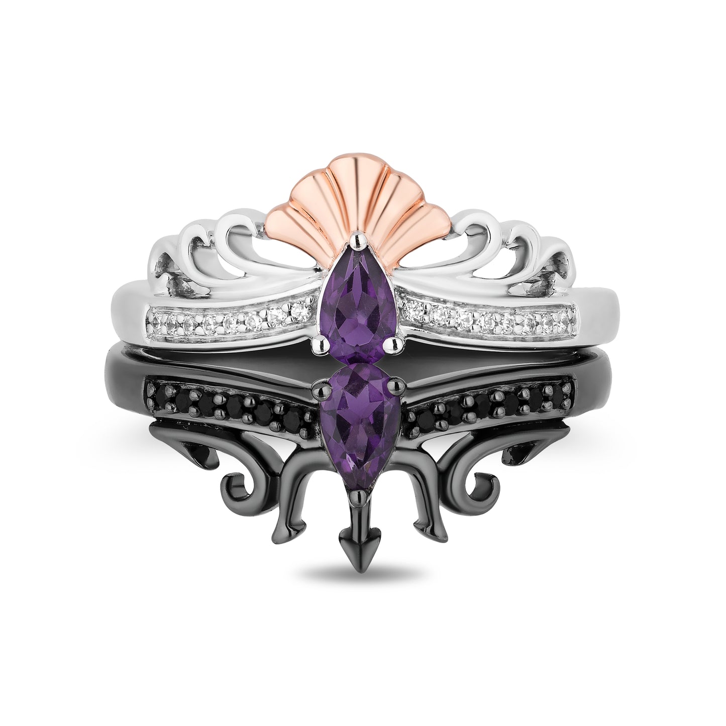 Enchanted Disney Fine Jewelry Black Rhodium and 14K Rose Gold over Sterling Silver With 1/6 CTTW Black and White Diamond and Pear Amethyst Ariel and Ursula Villains Duo Stack Ring
