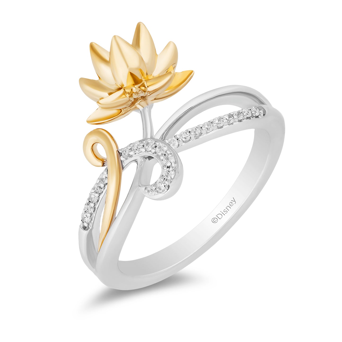 Enchanted Disney Fine Jewelry Sterling Silver and 10K Yellow Gold With 1/10 CTTW Diamond Tiana Lotus Ring