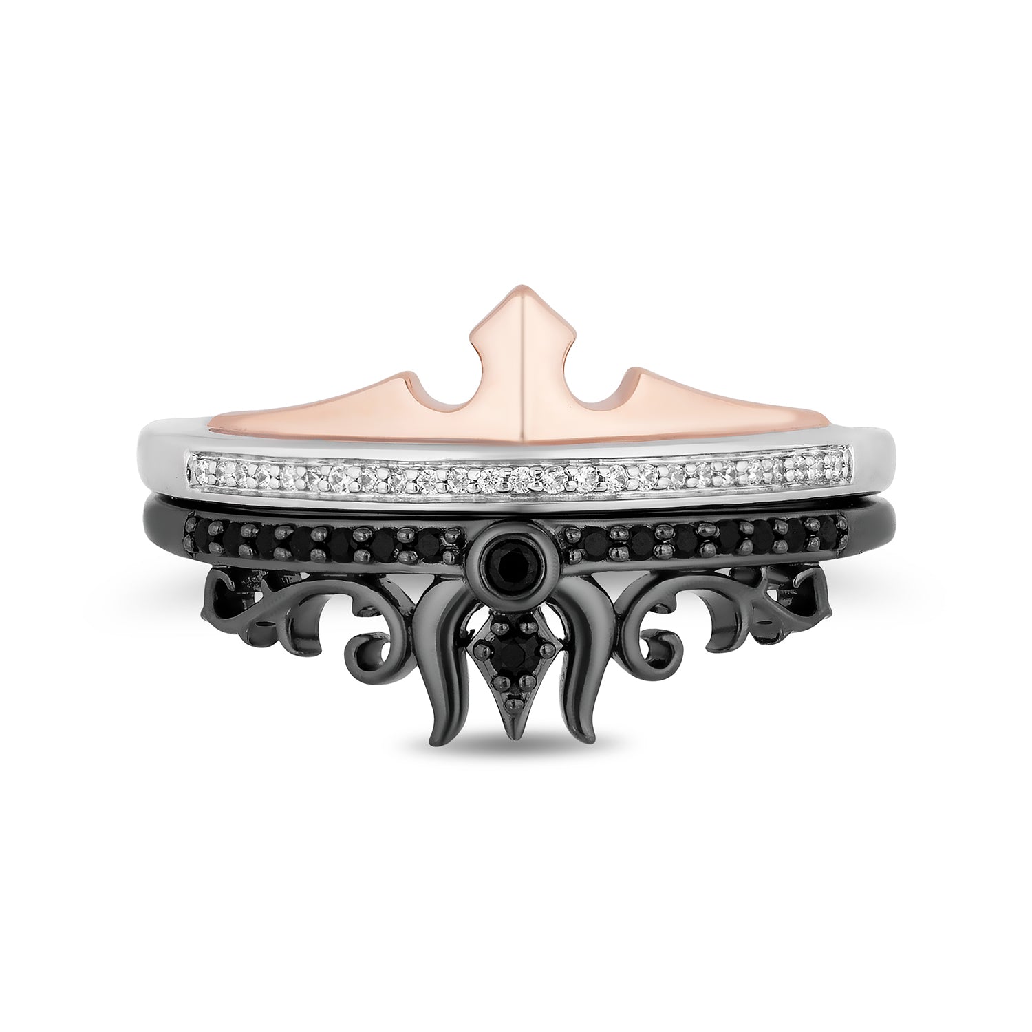 Disney Aurora Inspired Black and White Diamond Duo Stack Ring in 14K Rose Gold over Sterling Silver 1/5 CTTW View 2