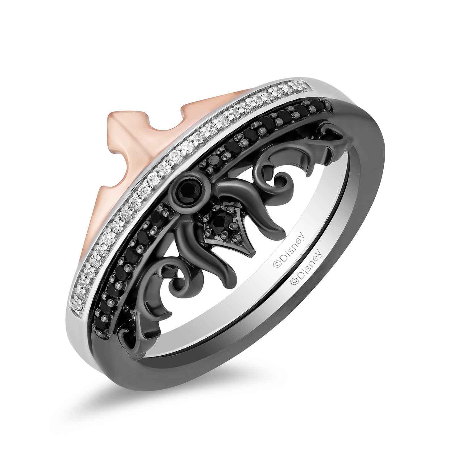 Disney Aurora Inspired Black and White Diamond Duo Stack Ring in 14K Rose Gold over Sterling Silver 1/5 CTTW View 1