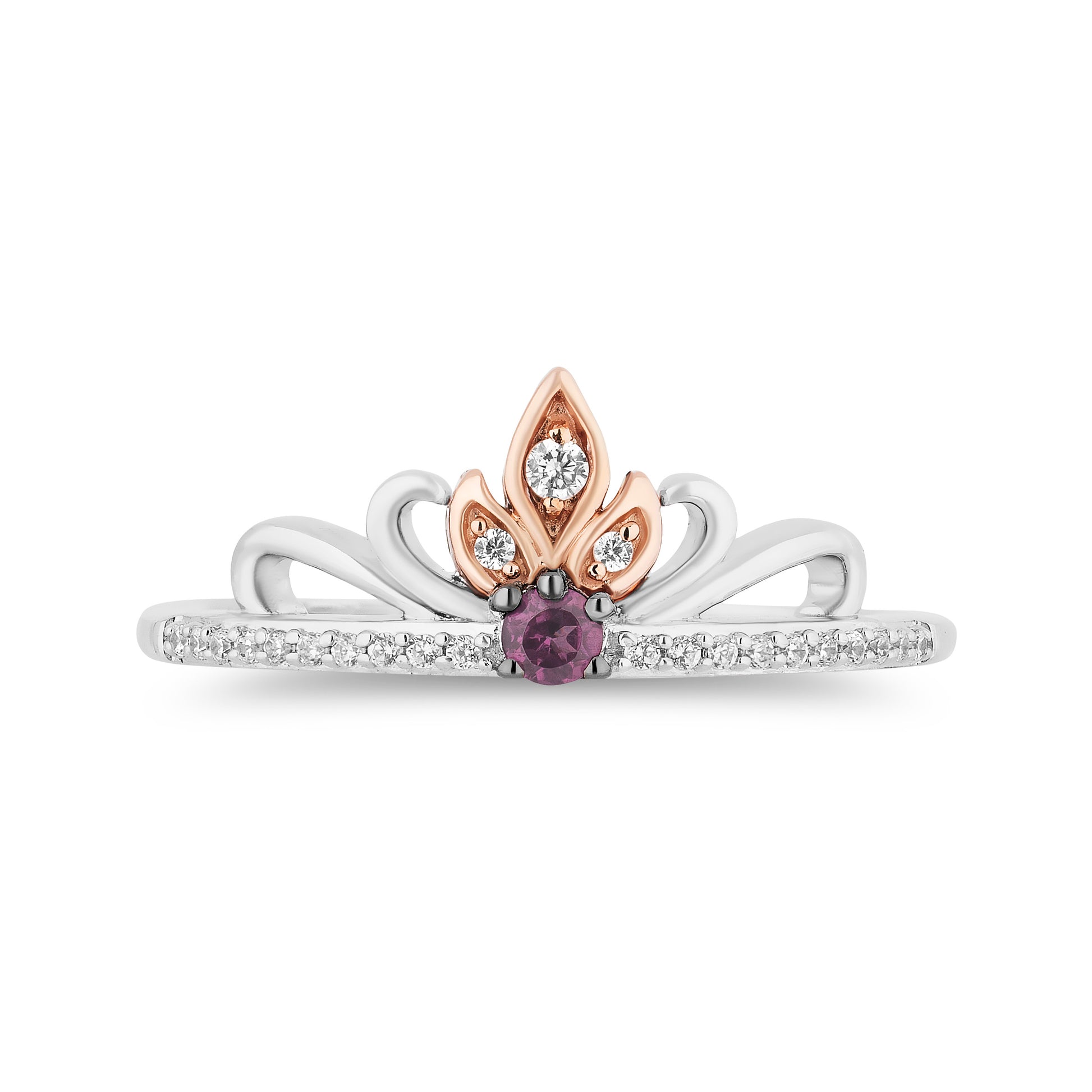 Disney Elsa Inspired Diamond with Round Swiss Blue Topaz and Rhodolite Garnet Ring in Sterling Silver and 10K Rose Gold 1/5 CTTW View 3