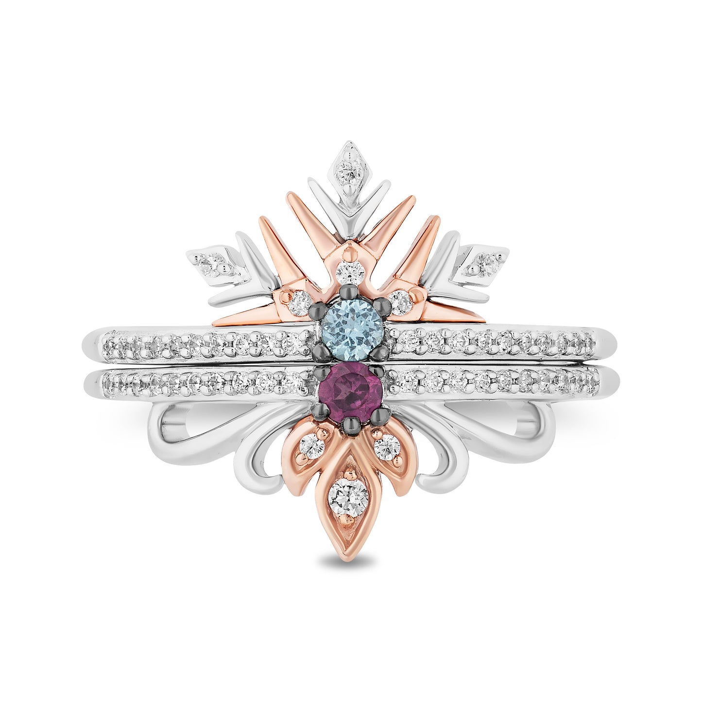 Disney Elsa Inspired Diamond with Round Swiss Blue Topaz and Rhodolite Garnet Ring in Sterling Silver and 10K Rose Gold 1/5 CTTW View 2