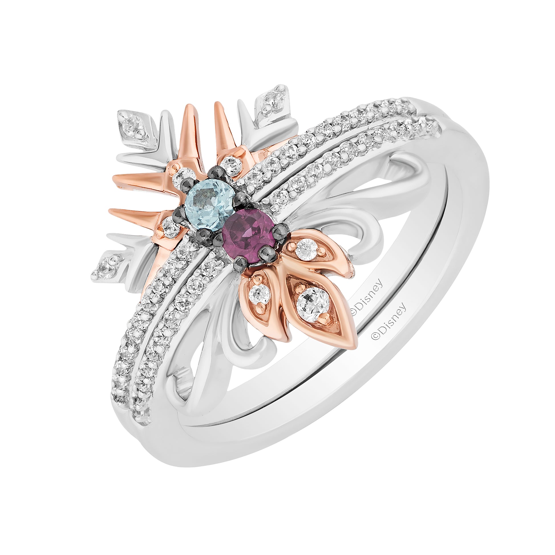 Disney Elsa Inspired Diamond with Round Swiss Blue Topaz and Rhodolite Garnet Ring in Sterling Silver and 10K Rose Gold 1/5 CTTW View 1