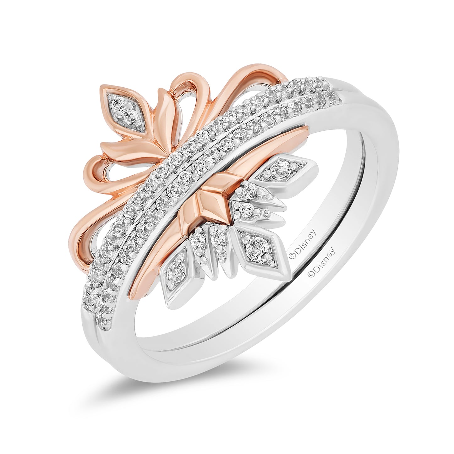 Disney Elsa Inspired Diamond Duo Stack Ring in Sterling Silver and 10K Rose Gold 1/6 CTTW View 1