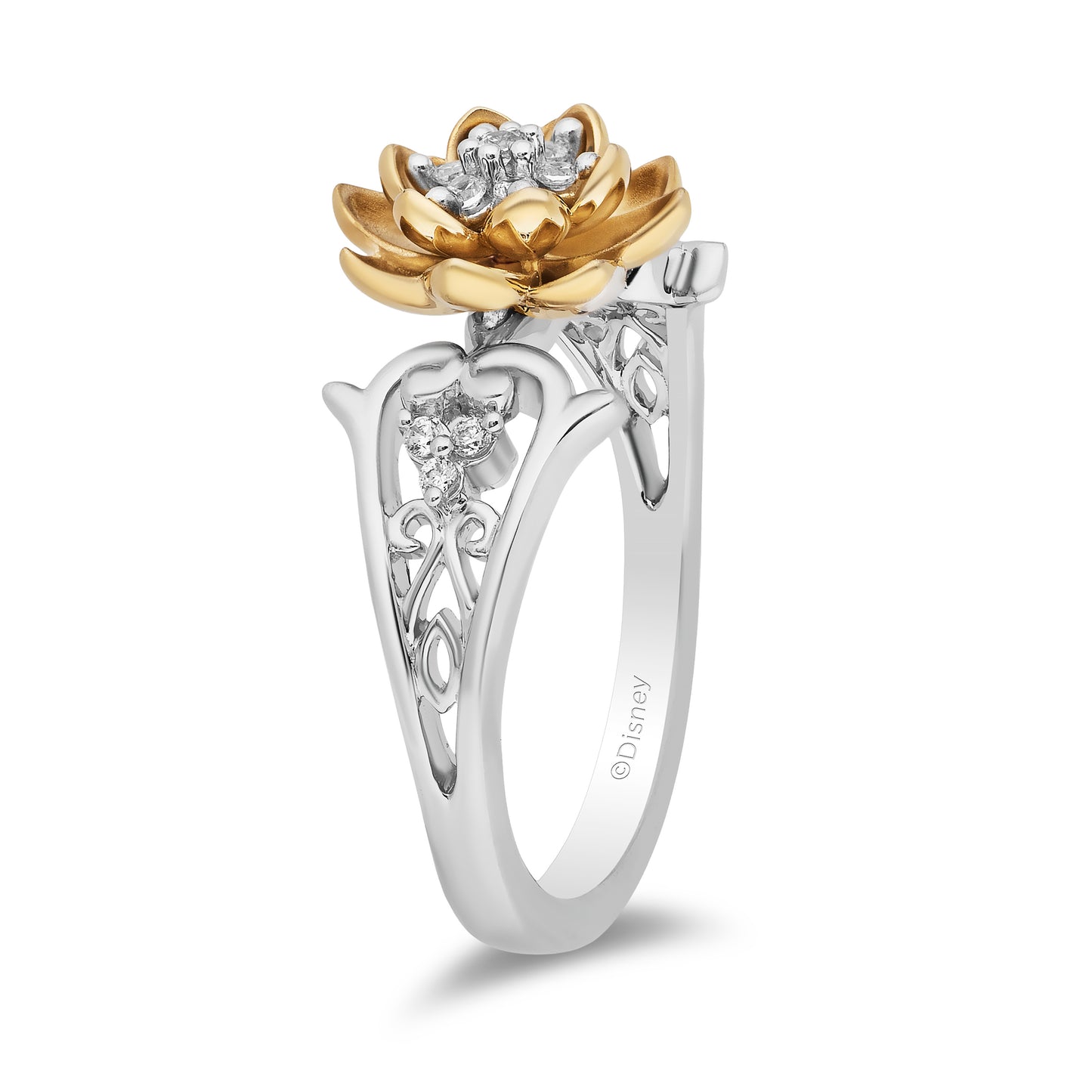 Enchanted Disney Fine Jewelry Sterling Silver and 10K Yellow Gold With 1/8 CTTW Diamond Tiana Lotus Ring
