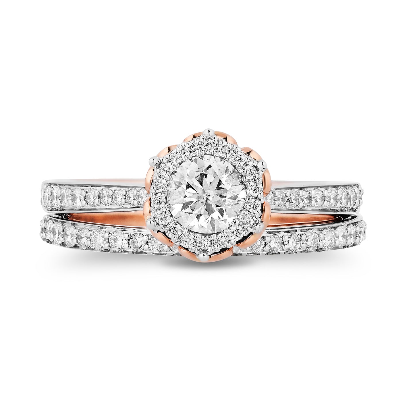 Enchanted Disney Fine Jewelry 14K White Gold and Rose Gold with 1 CTTW Belle Rose Bridal Set