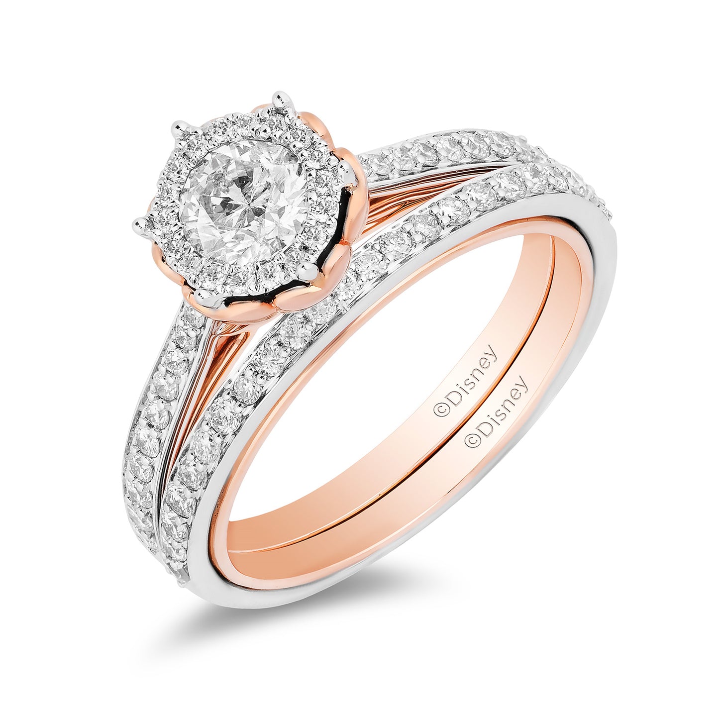 Enchanted Disney Fine Jewelry 14K White Gold and Rose Gold with 1 CTTW Belle Rose Bridal Set