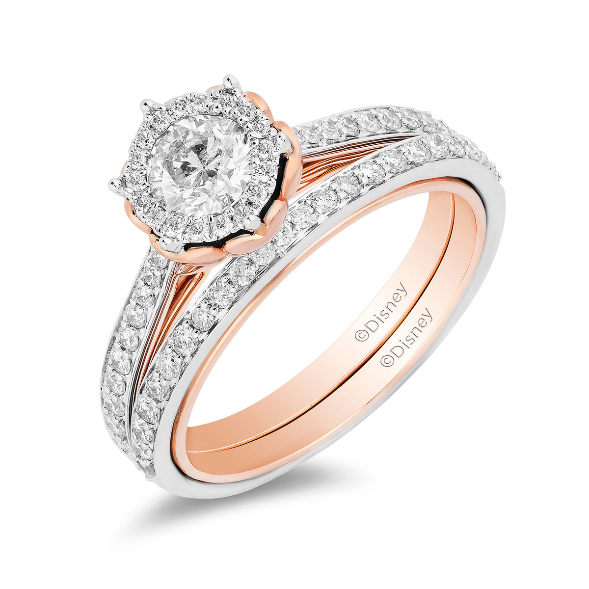 Enchanted Disney Fine Jewelry 14K White Gold and Rose Gold with CTTW Belle Rose Bridal Set