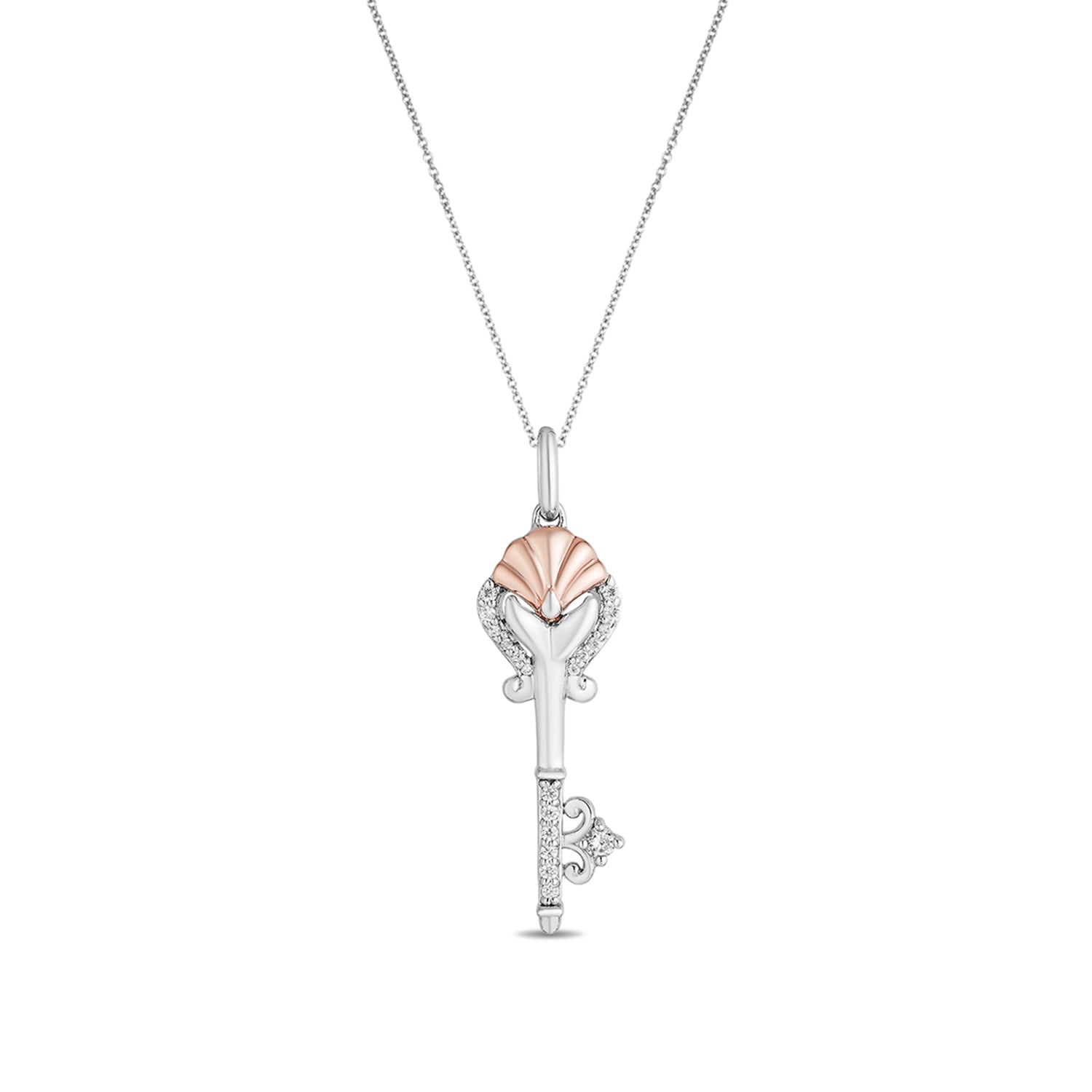 Disney The Little Mermaid Iconic Inspired Diamond Coin Necklace Pendant in Sterling Silver and 10K Rose Gold 1/20 Cttw | Disney Fine Jewelry