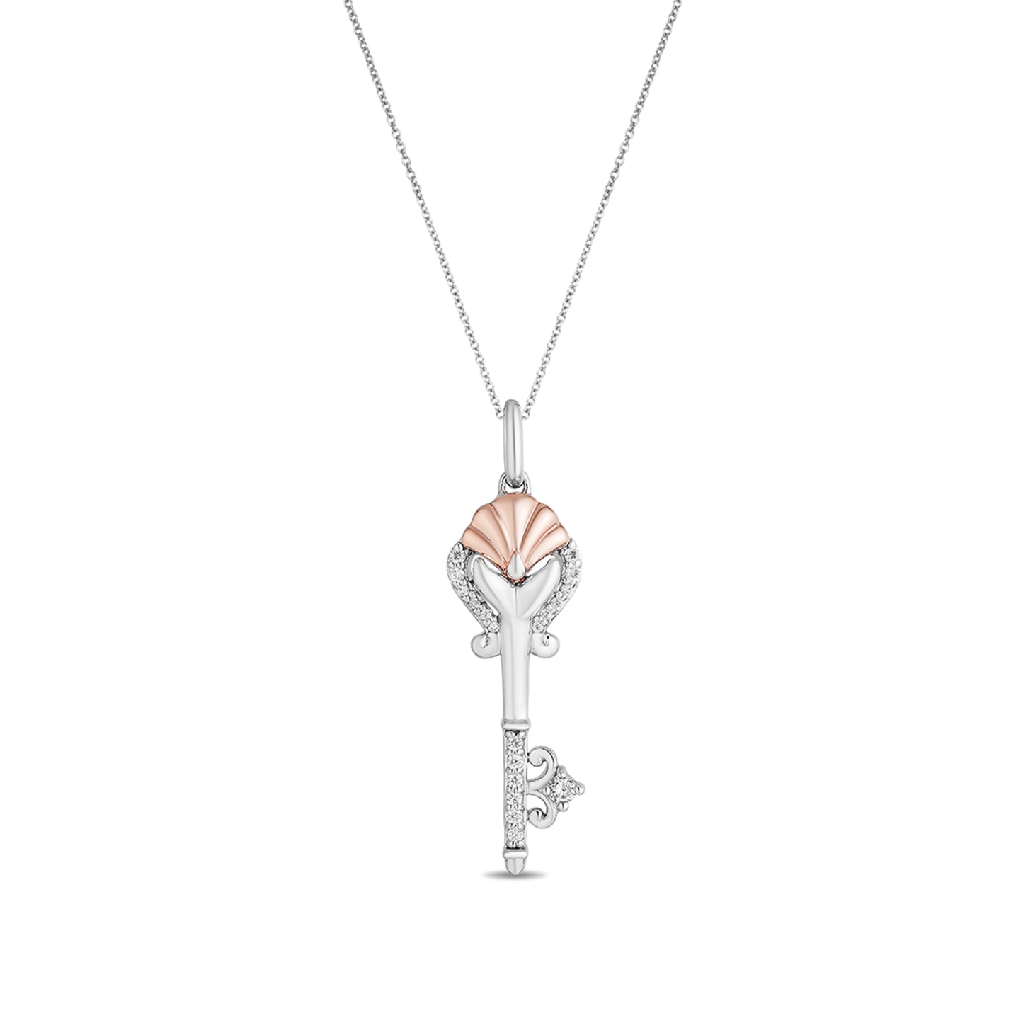 Enchanted Disney Fine Jewelry 14K Rose Gold Over Sterling Silver with 1/10 CTTW Diamond Ariel Shell Key Pendant Necklace