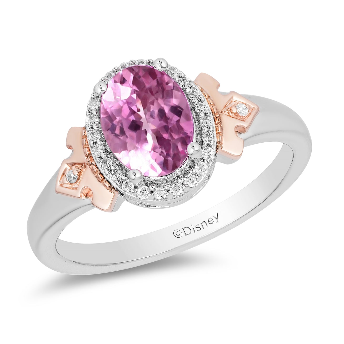 Enchanted Disney Fine Jewelry 14K Rose Gold over Sterling Silver with 1/10 CTTW Diamond and Created Pink Sapphire Aurora Crown Ring